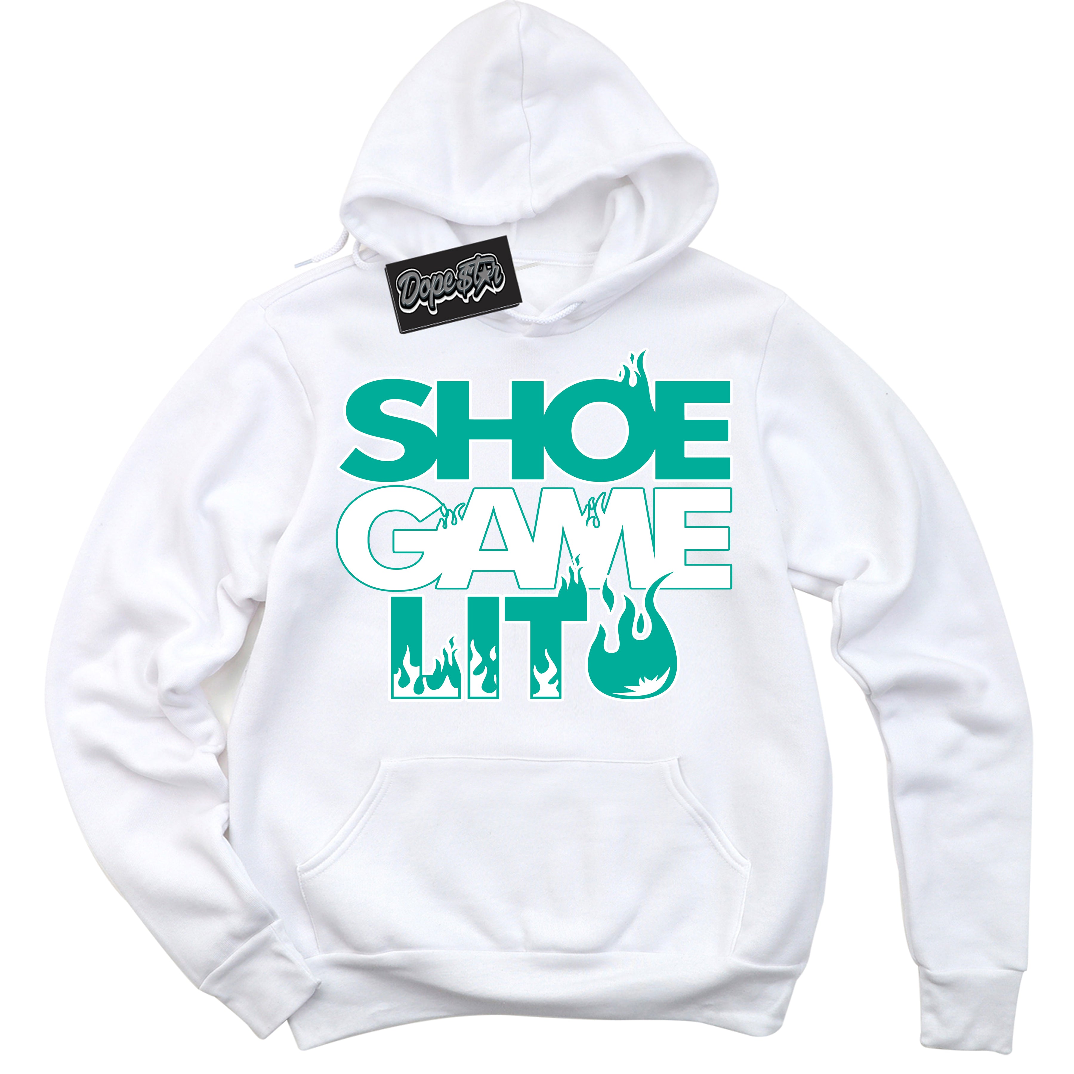 Cool White Hoodie with “ Shoe Game Lit '' design that Perfectly Matches Clear Jade 1s Sneakers.