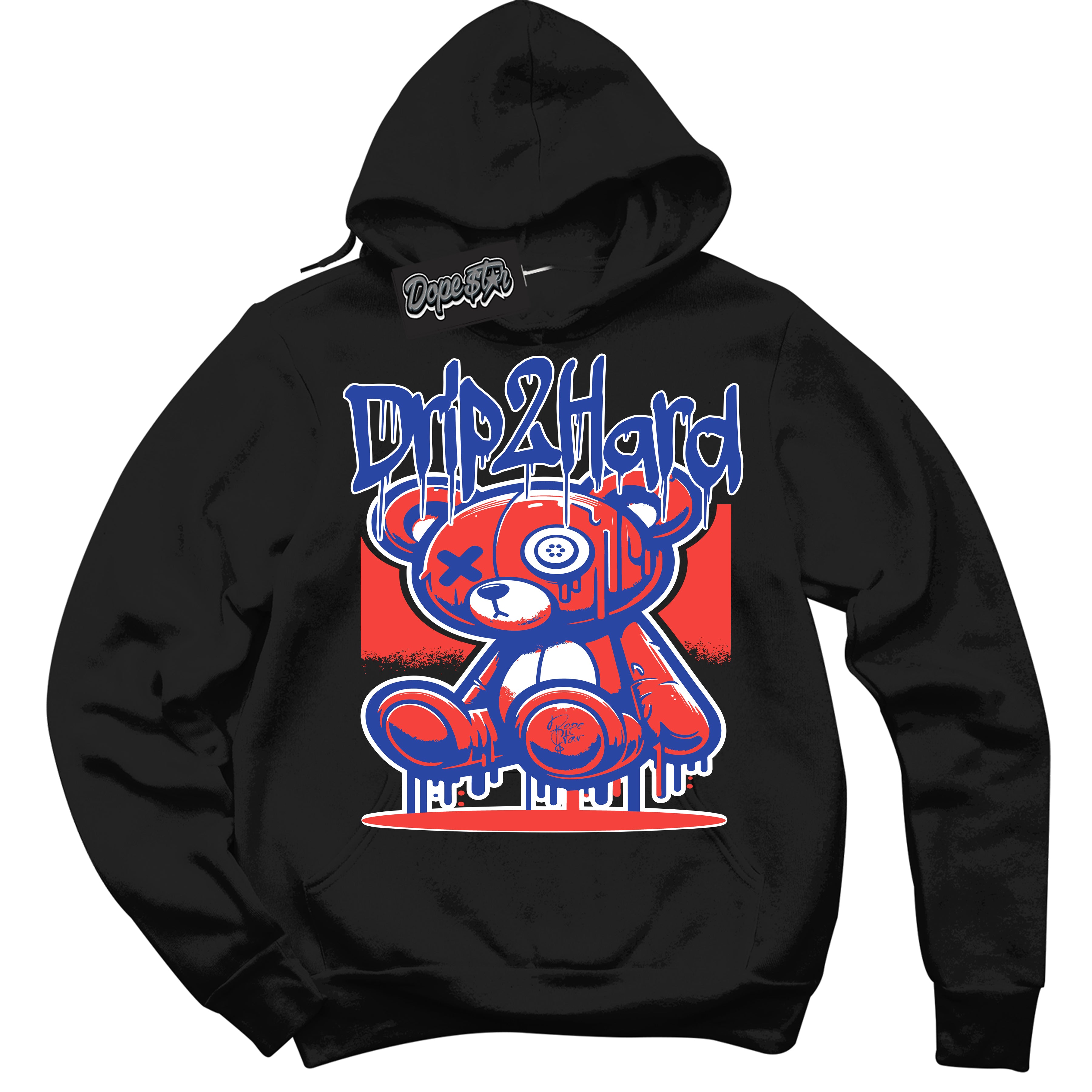 Cool Black Hoodie with “ Drip 2 Hard '' design that Perfectly Matches Ultramarine 180s Sneakers.
