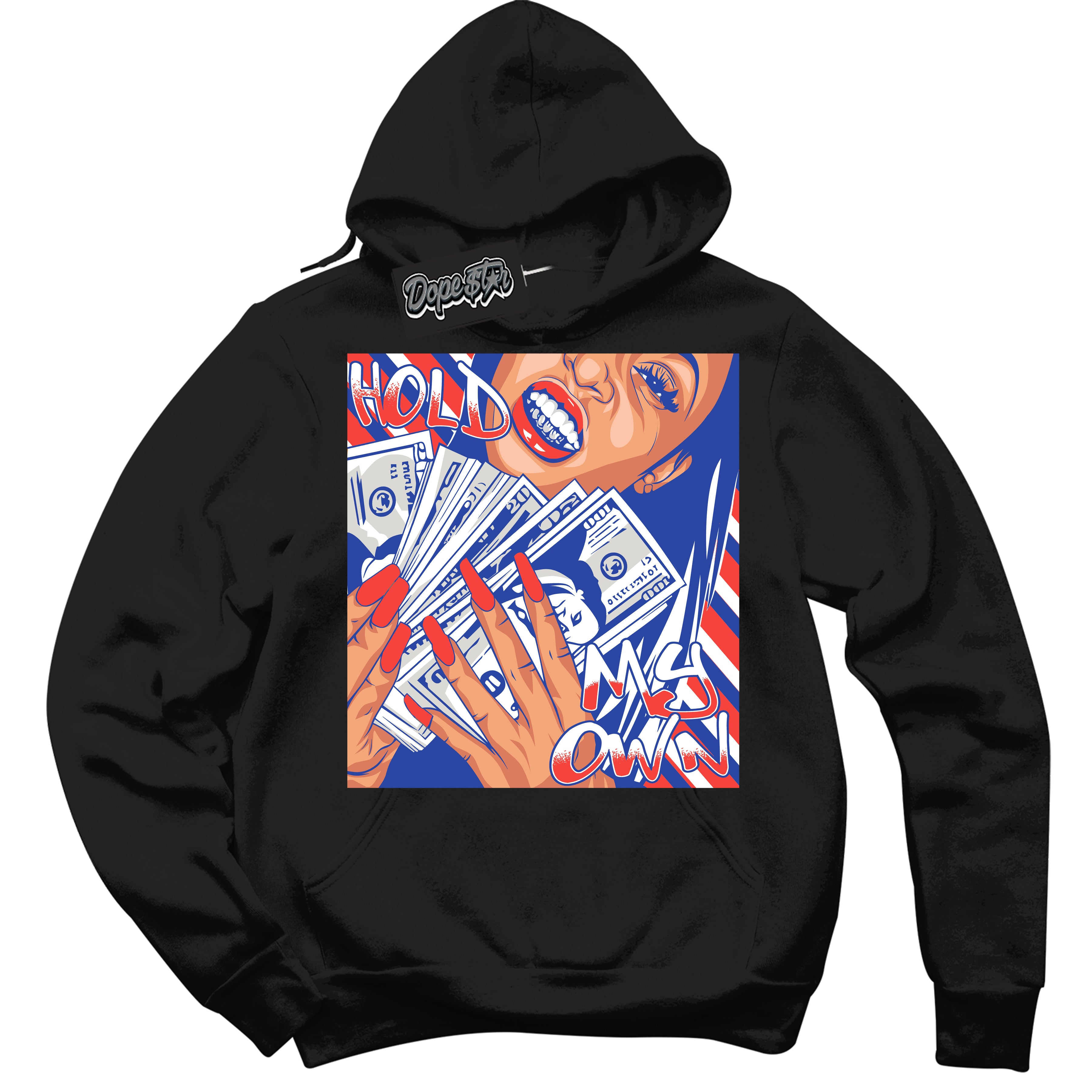 Cool Black Hoodie with “ Hold My Own '' design that Perfectly Matches Ultramarine 180s Sneakers.