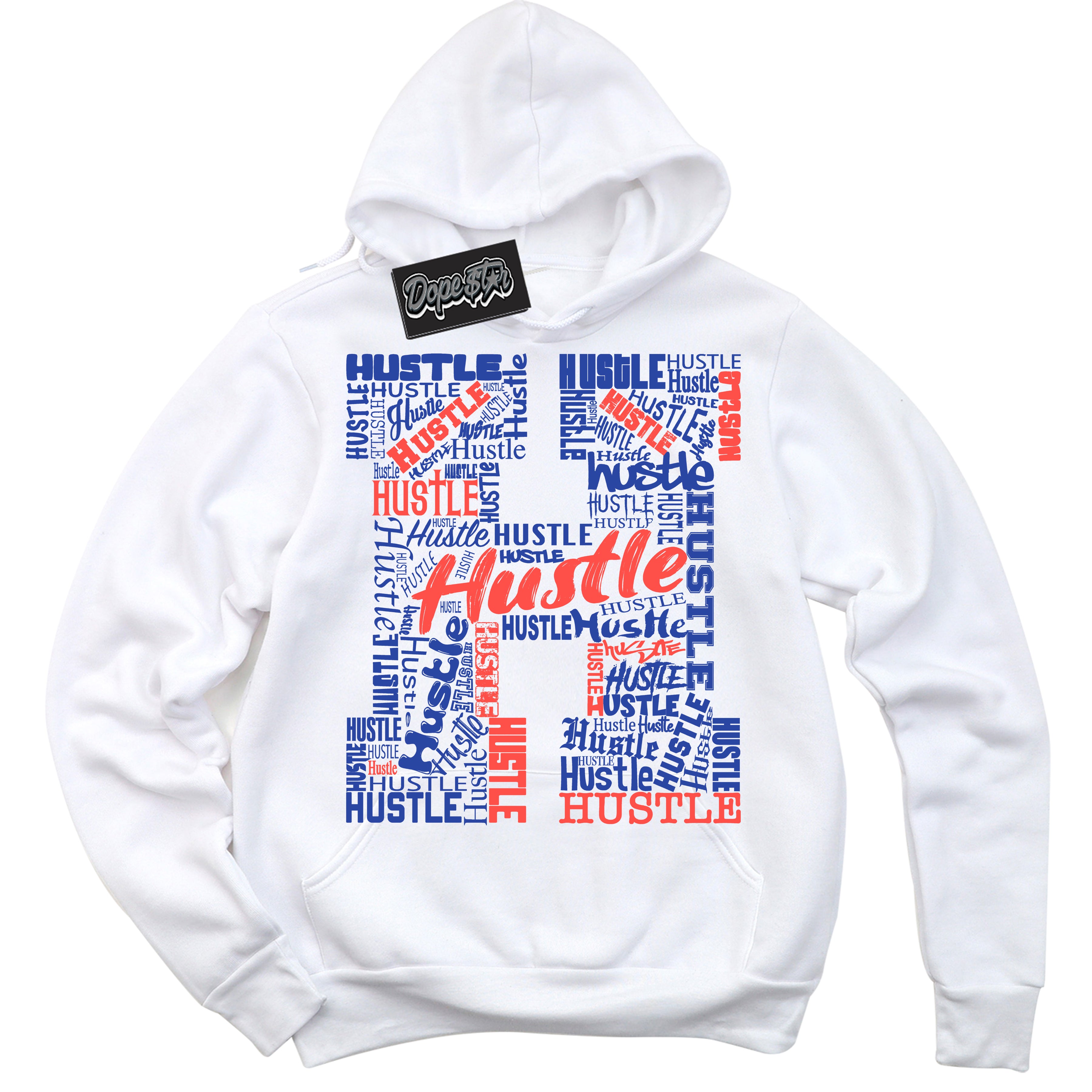 Cool White Hoodie with “ Hustle H '' design that Perfectly Matches Ultramarine 180s Sneakers.