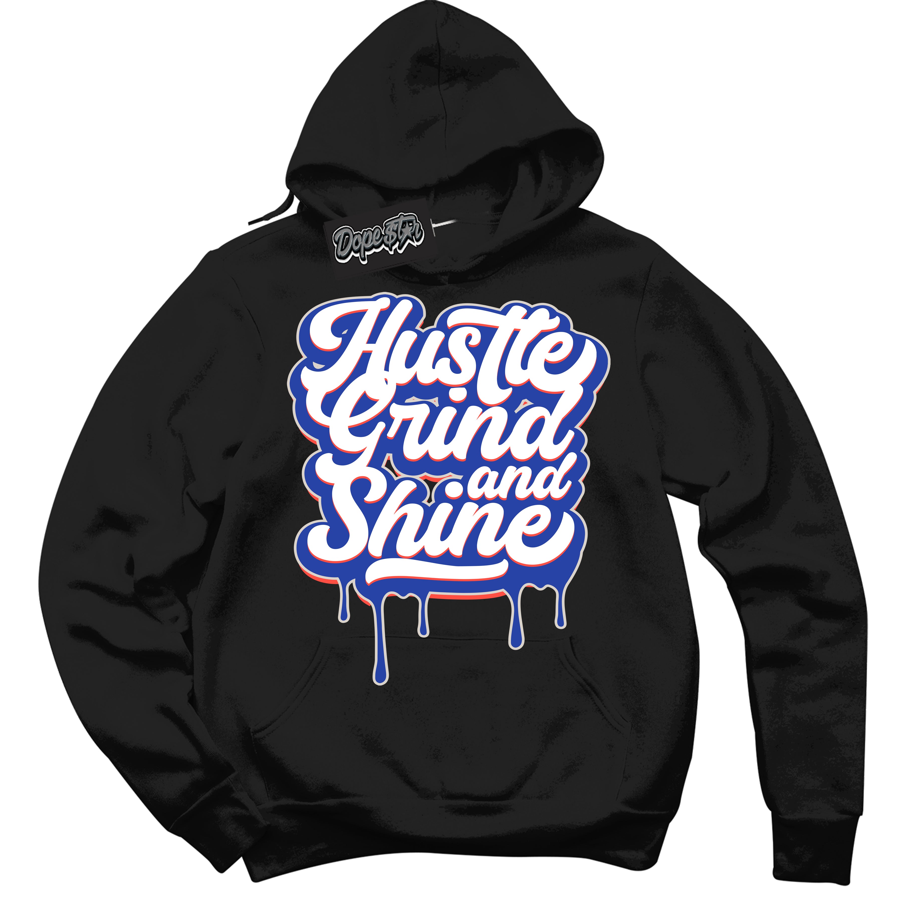 Cool Black Hoodie with “ Hustle Grind And Shine '' design that Perfectly Matches Ultramarine 180s Sneakers.
