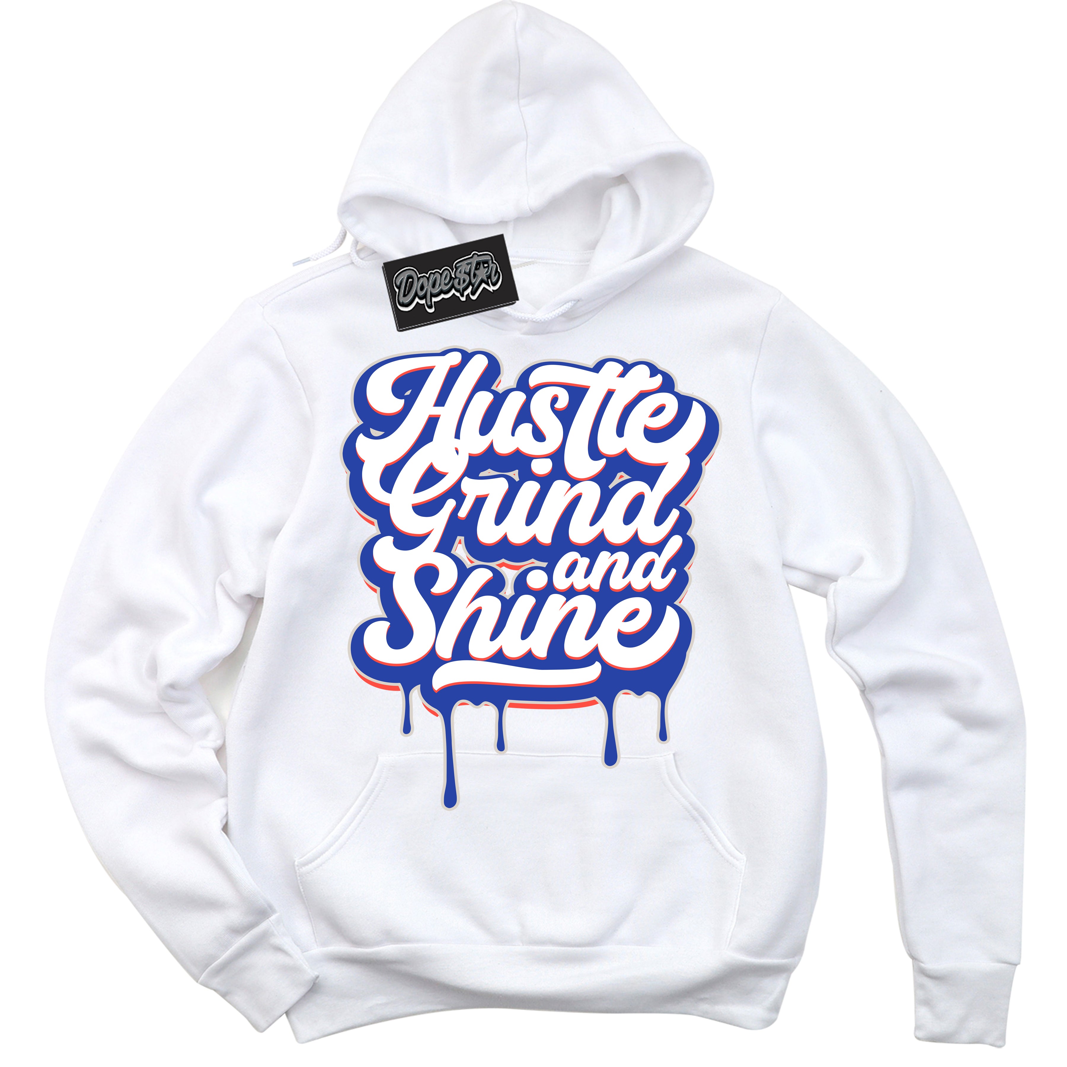 Cool White Hoodie with “ Hustle Grind And Shine '' design that Perfectly Matches Ultramarine 180s Sneakers.
