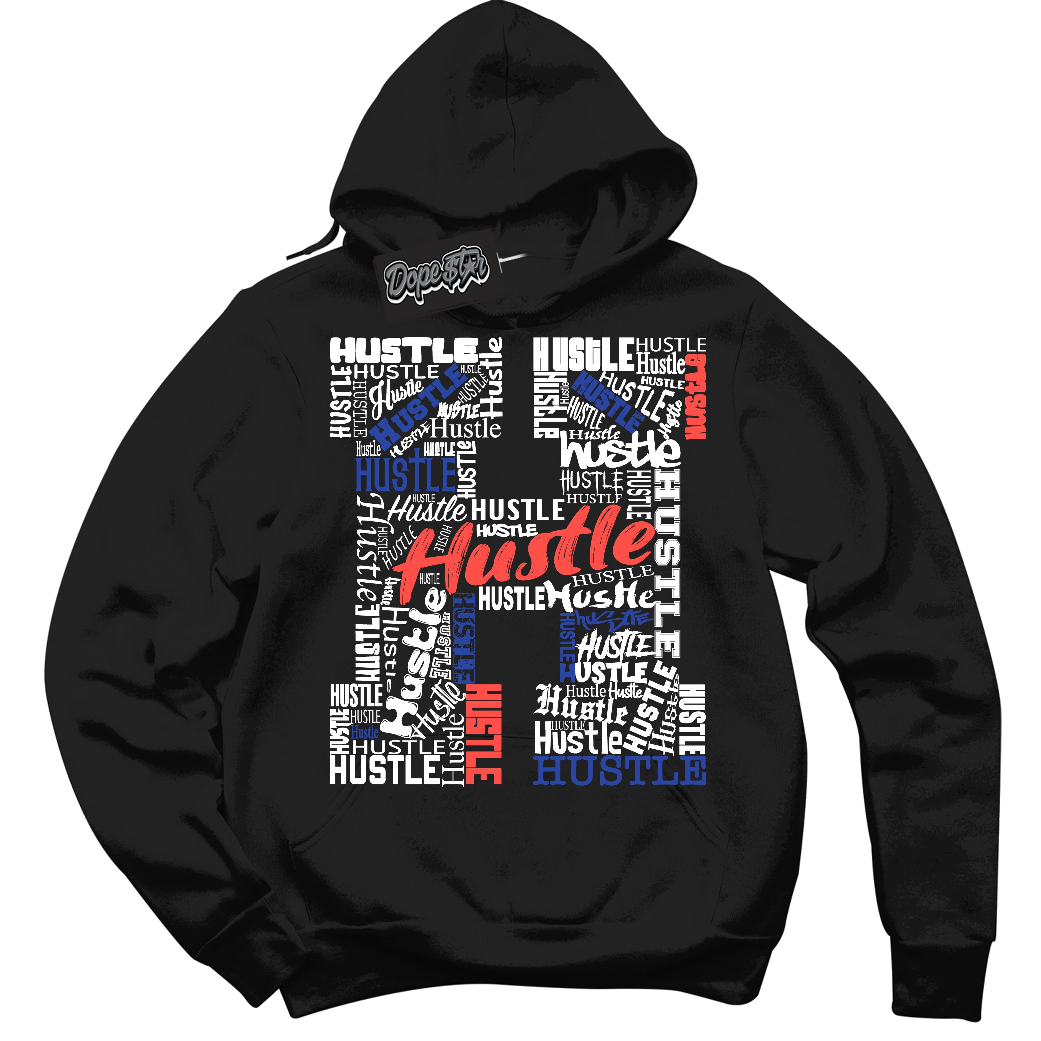 Cool Black Hoodie with “ Hustle H '' design that Perfectly Matches Ultramarine 180s Sneakers.
