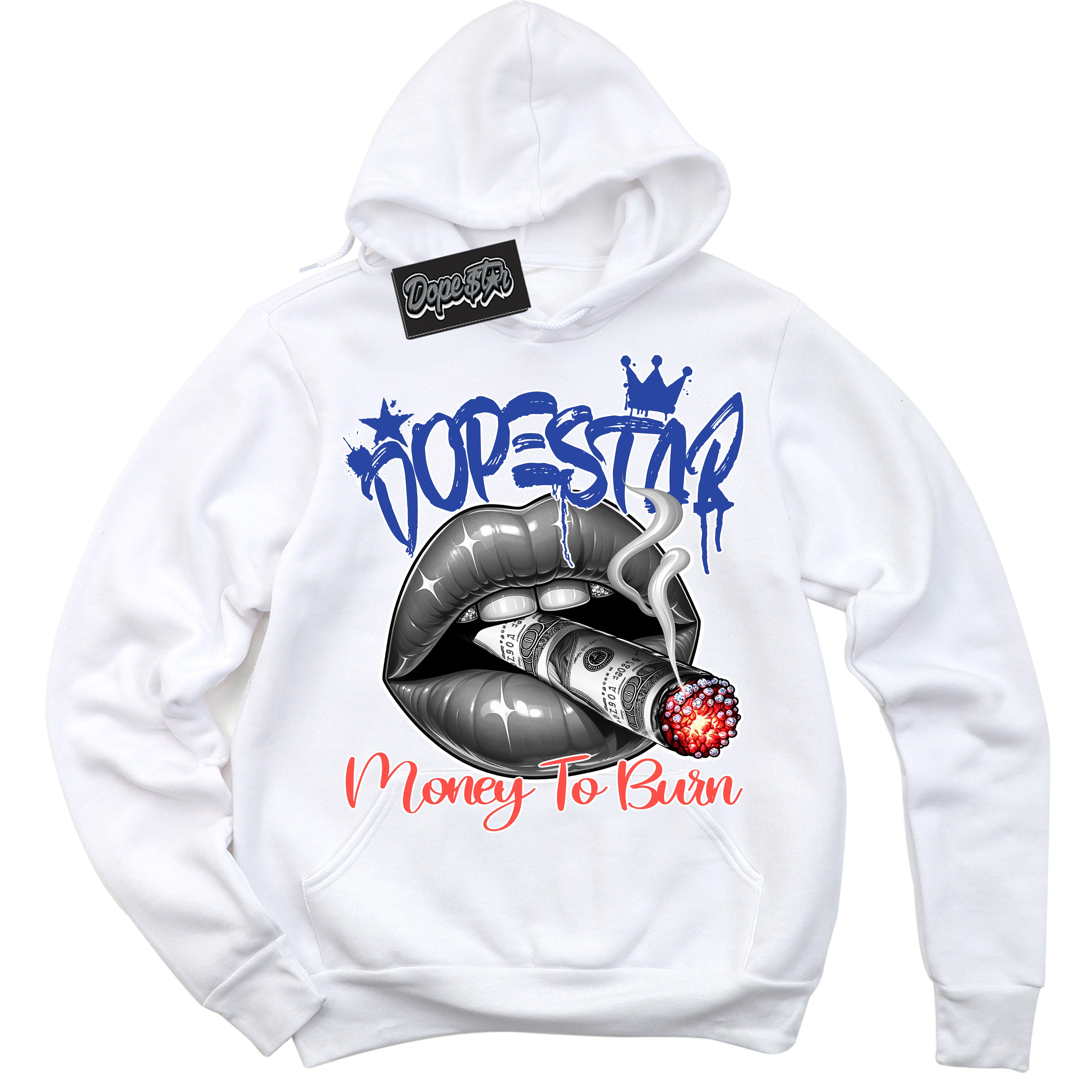 Cool White Hoodie with “ Money To Burn ” design that Perfectly Matches Ultramarine 180s Sneakers.