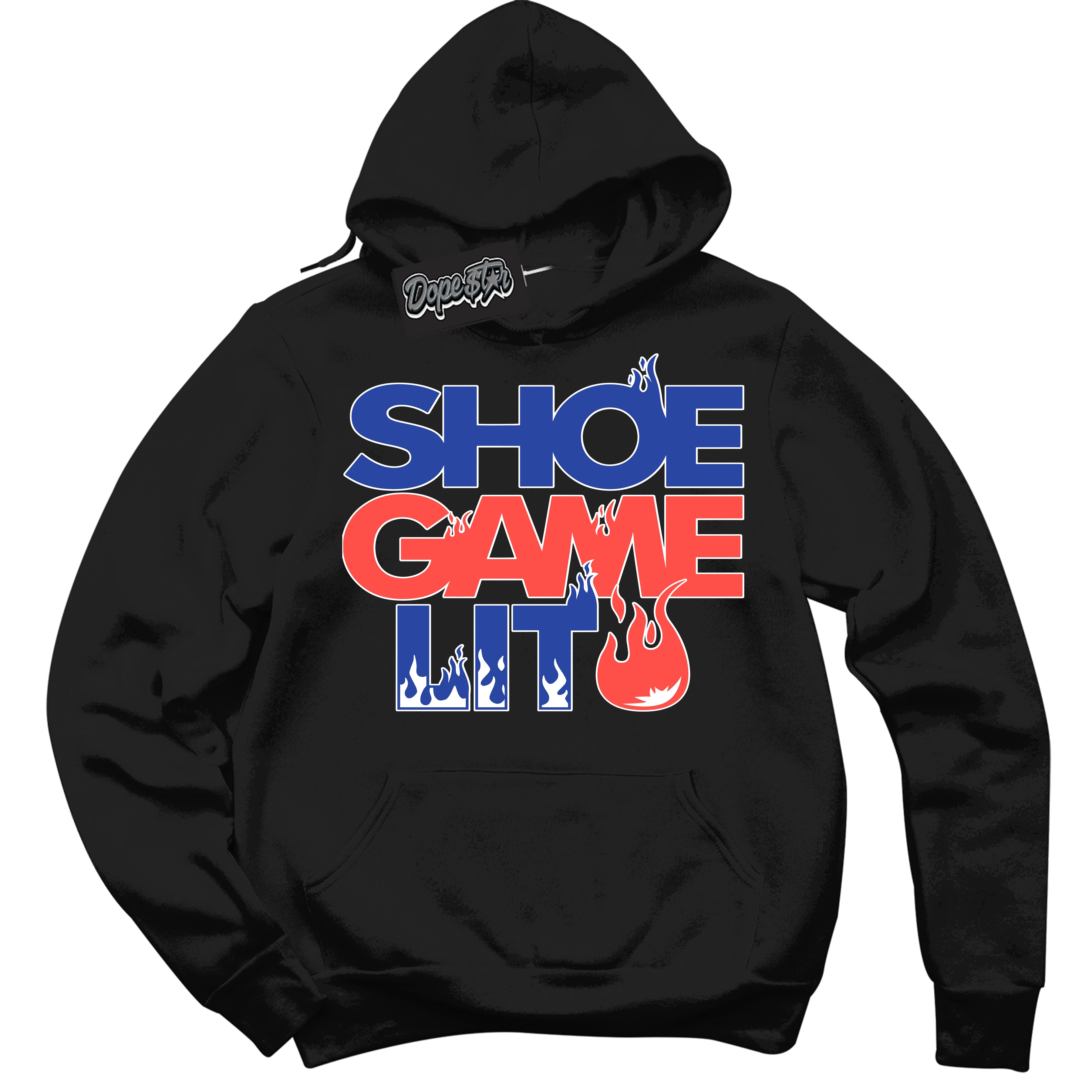 Cool Black Hoodie with “ Shoe Game Lit '' design that Perfectly Matches Ultramarine 180s Sneakers.