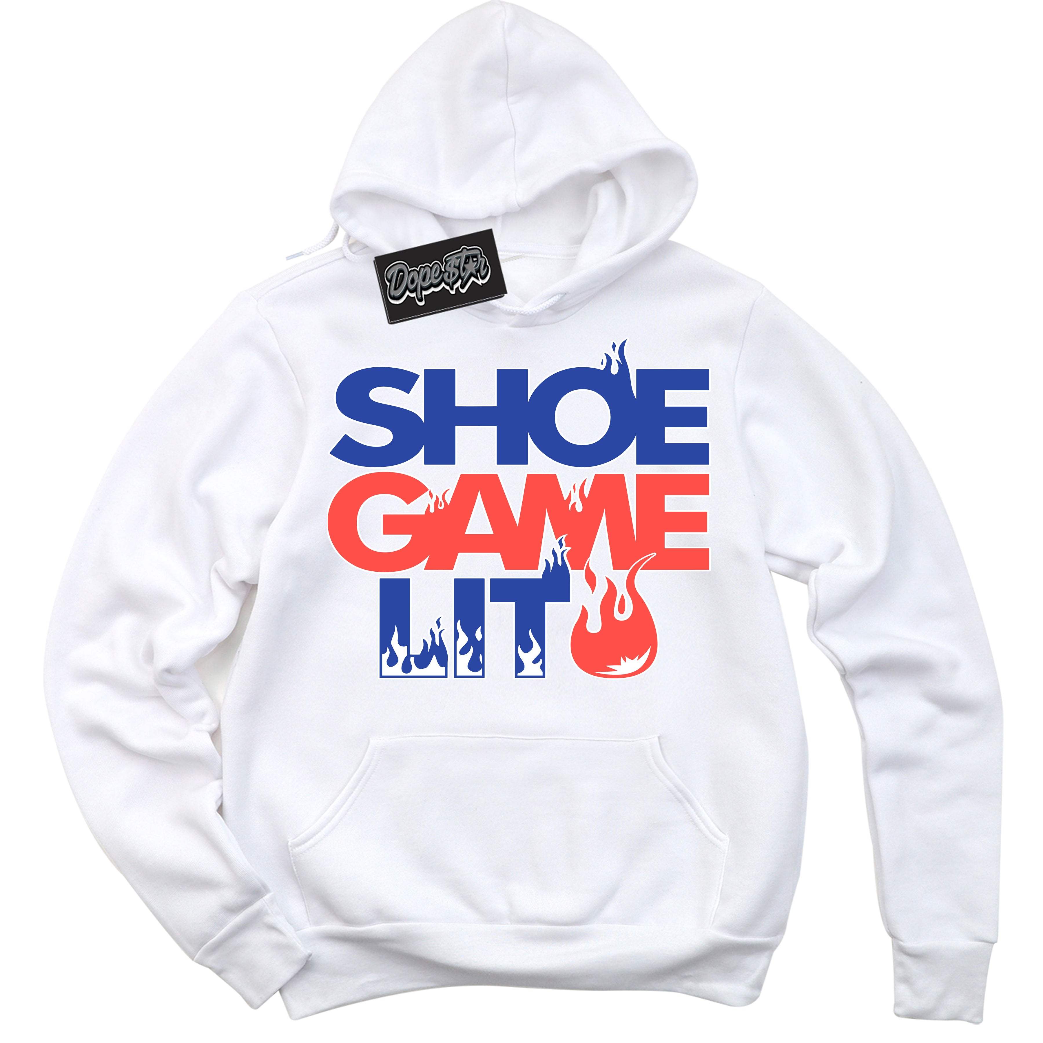 Cool White Hoodie with “ Shoe Game Lit '' design that Perfectly Matches Ultramarine 180s Sneakers.