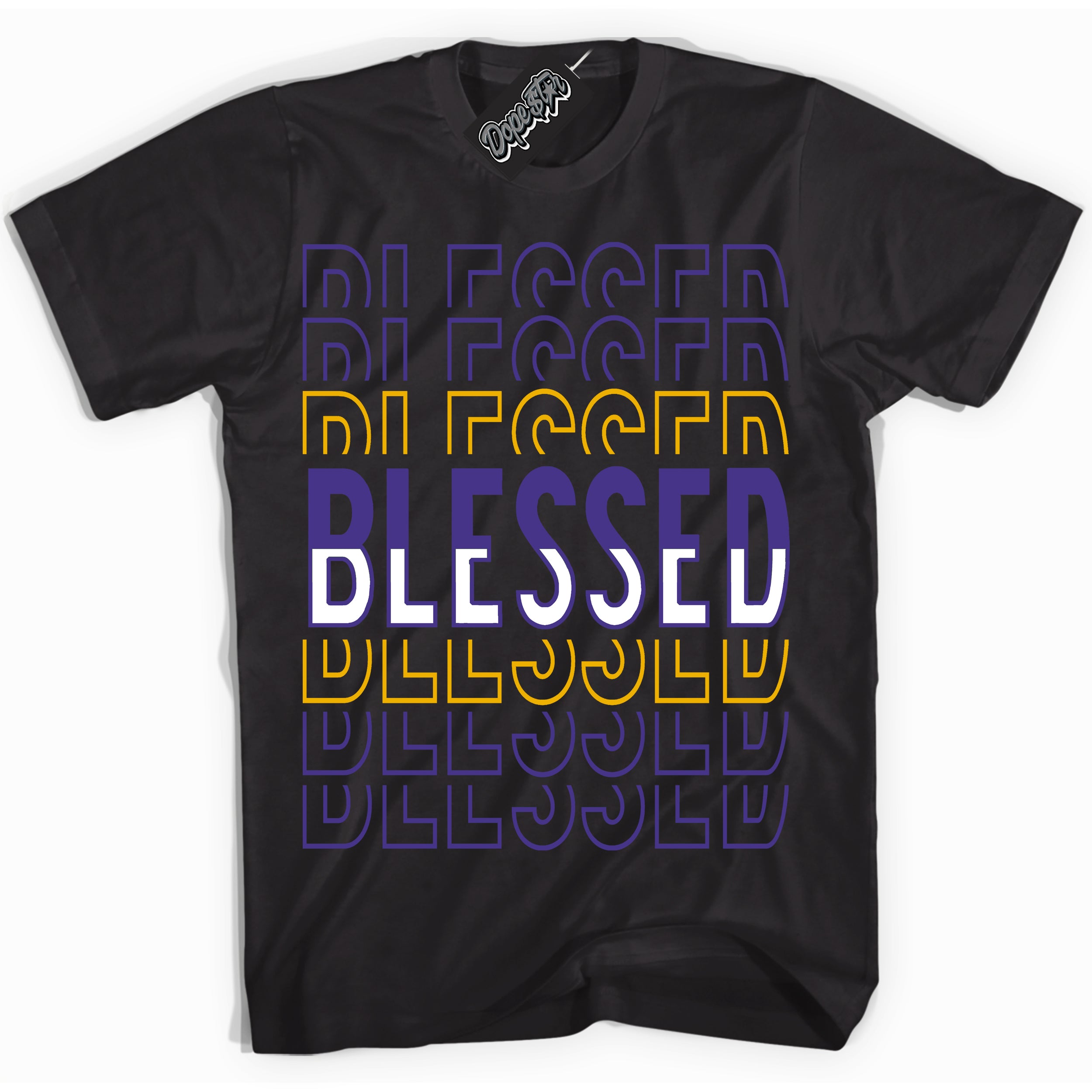 Cool Black Shirt with “Blessed Stacked” design that perfectly matches the Kobe 8 Protro Lakers Home Sneakers.