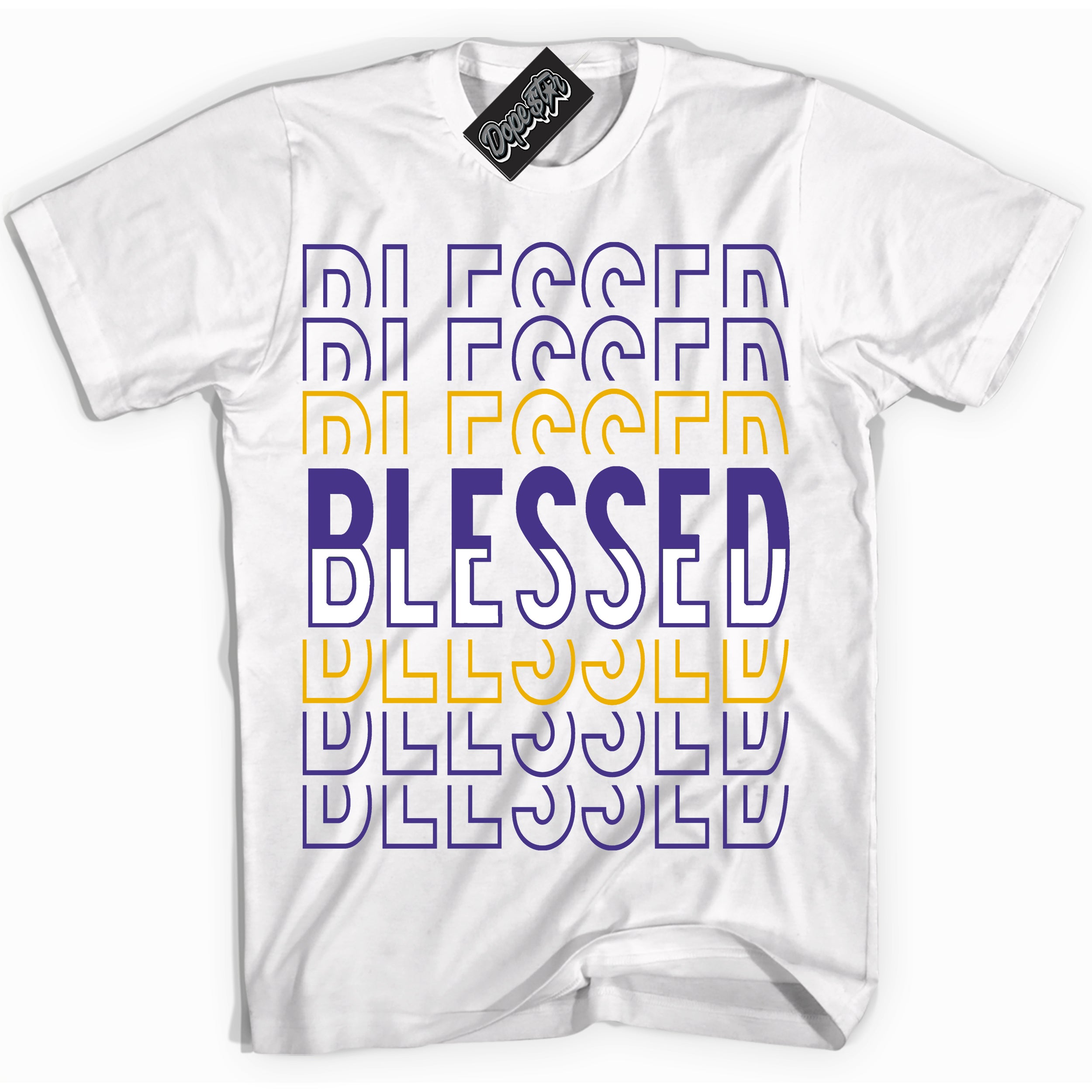 Cool White Shirt with “Blessed Stacked” design that perfectly matches the Kobe 8 Protro Lakers Home Sneakers.