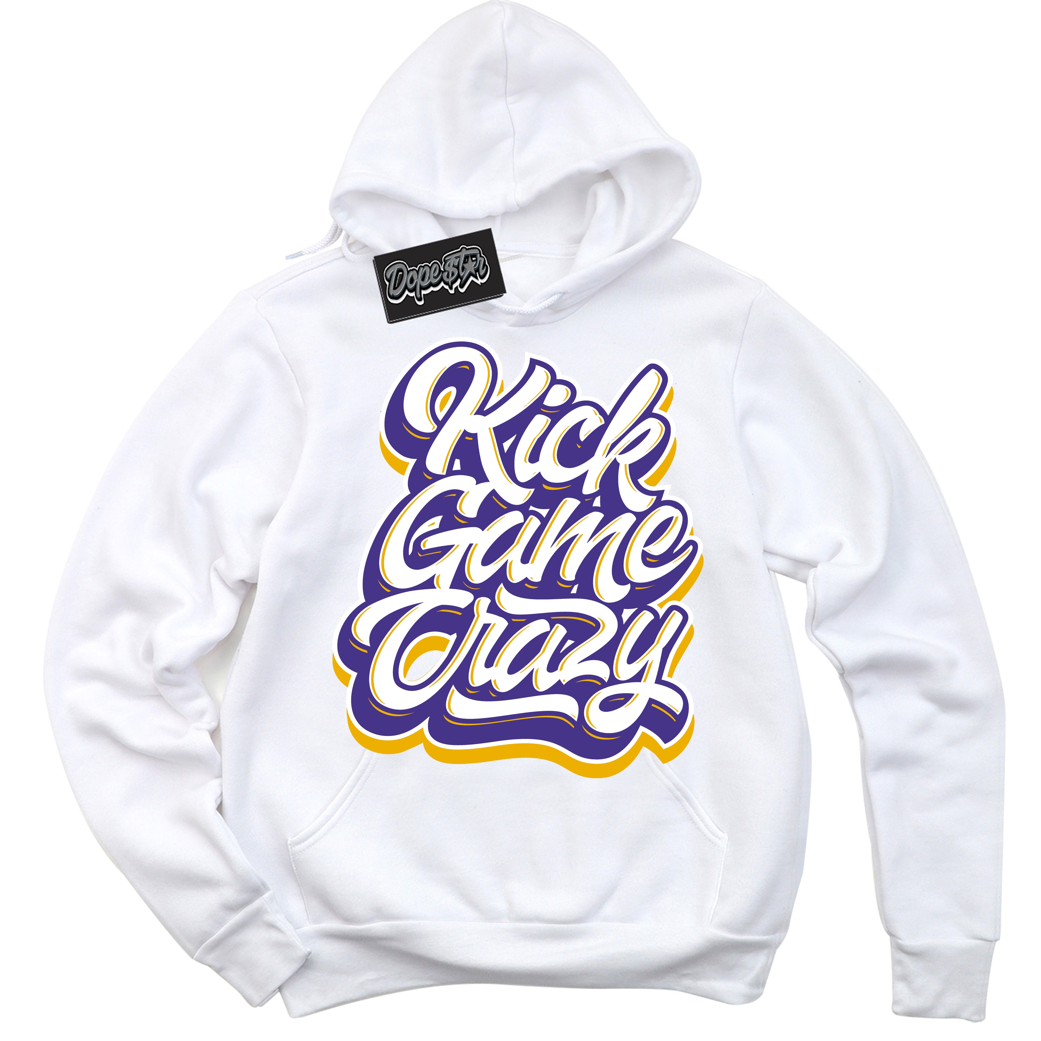 Cool White Hoodie with “Kick Game Crazy” design that Perfectly Matches Kobe 8 Protro Lakers Home Sneakers.