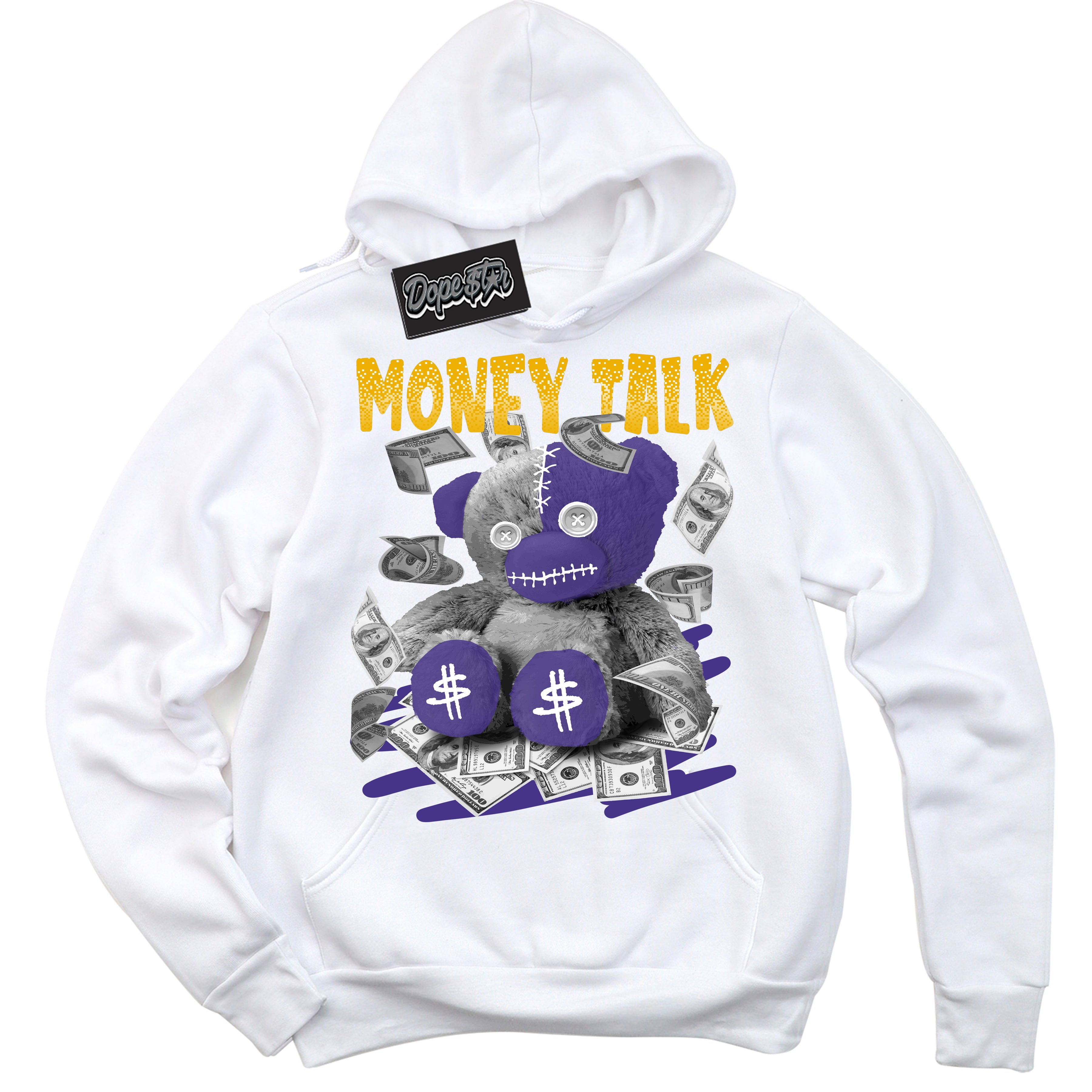 Cool White Hoodie with “Money Talk Bear” design that Perfectly Matches Kobe 8 Protro Lakers Home Sneakers.