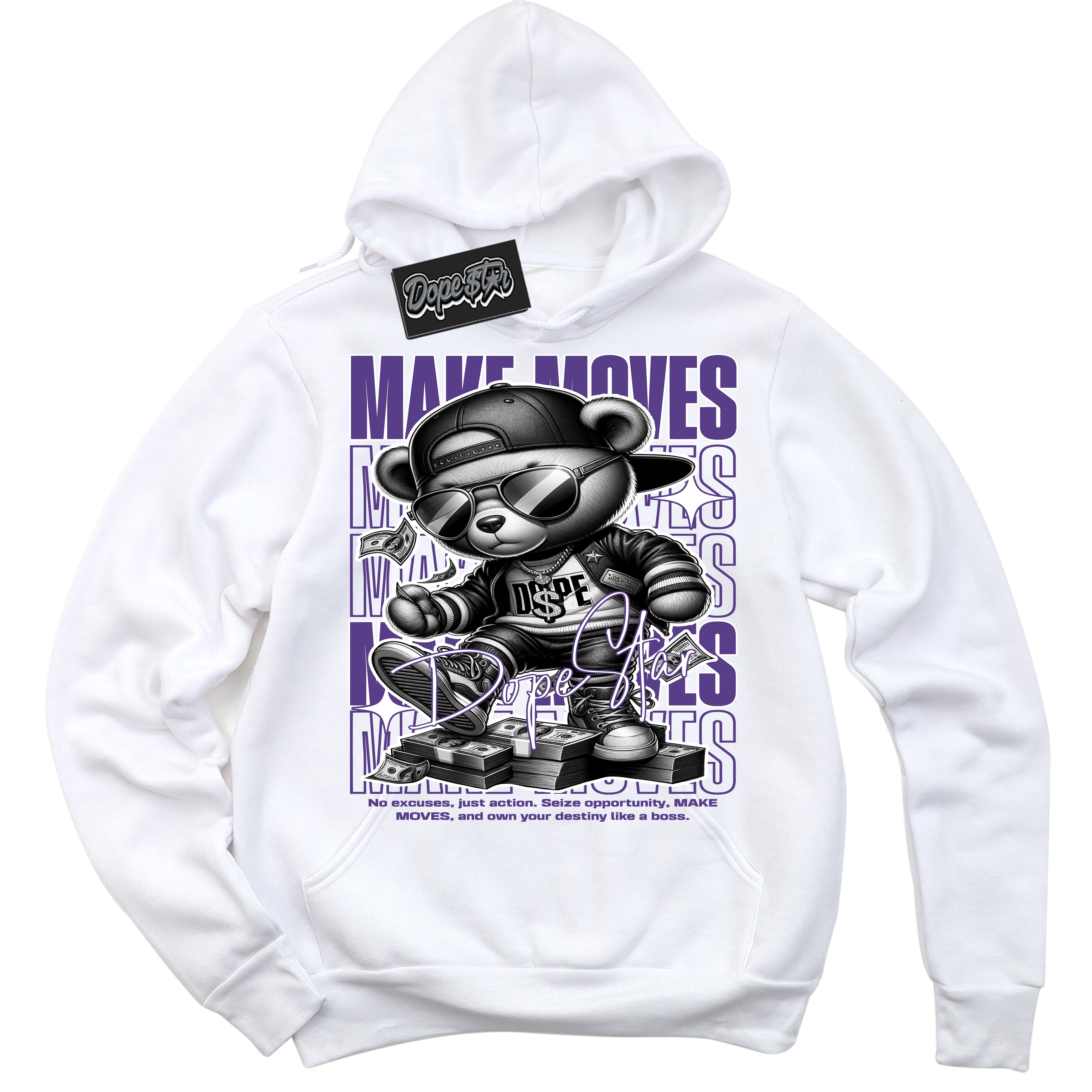 Cool White Hoodie with “ Makin Moves ” design that Perfectly Matches Protro Court Purple 8s Sneakers.