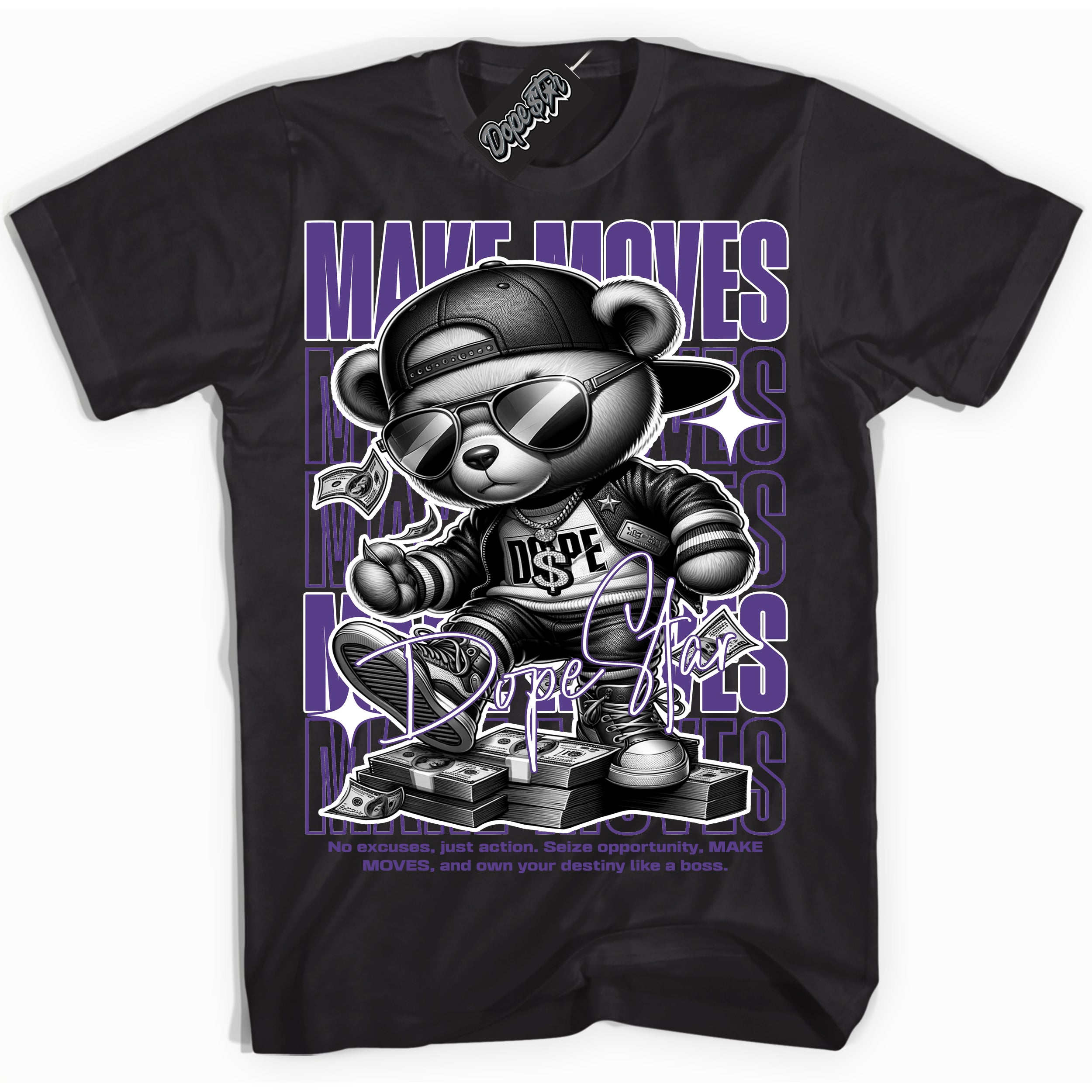 Cool Black Shirt with “ Makin Moves” design that perfectly matches Protro Court Purple 8s Sneakers.
