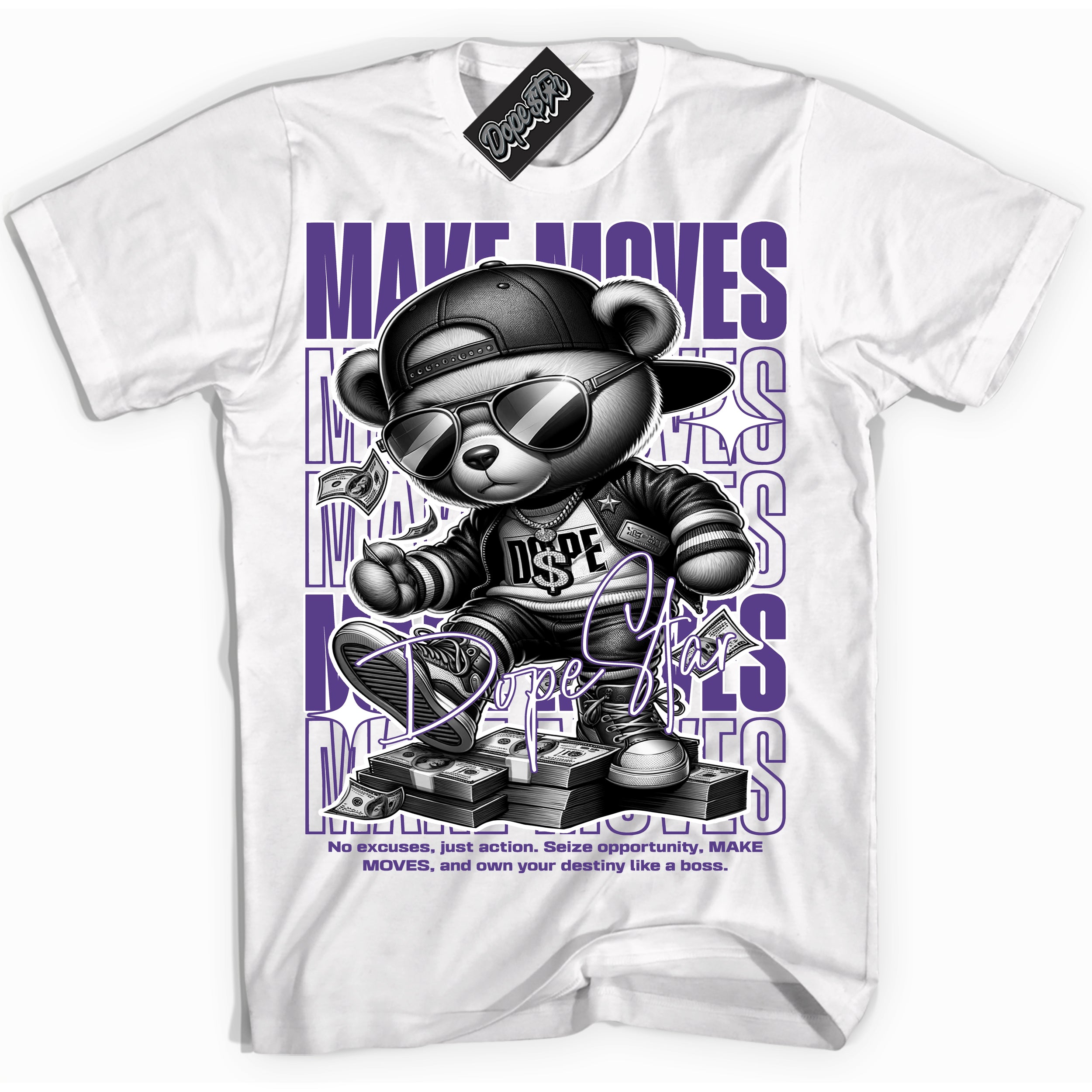 Cool White Shirt with “ Makin Moves” design that perfectly matches Protro Court Purple 8s Sneakers.