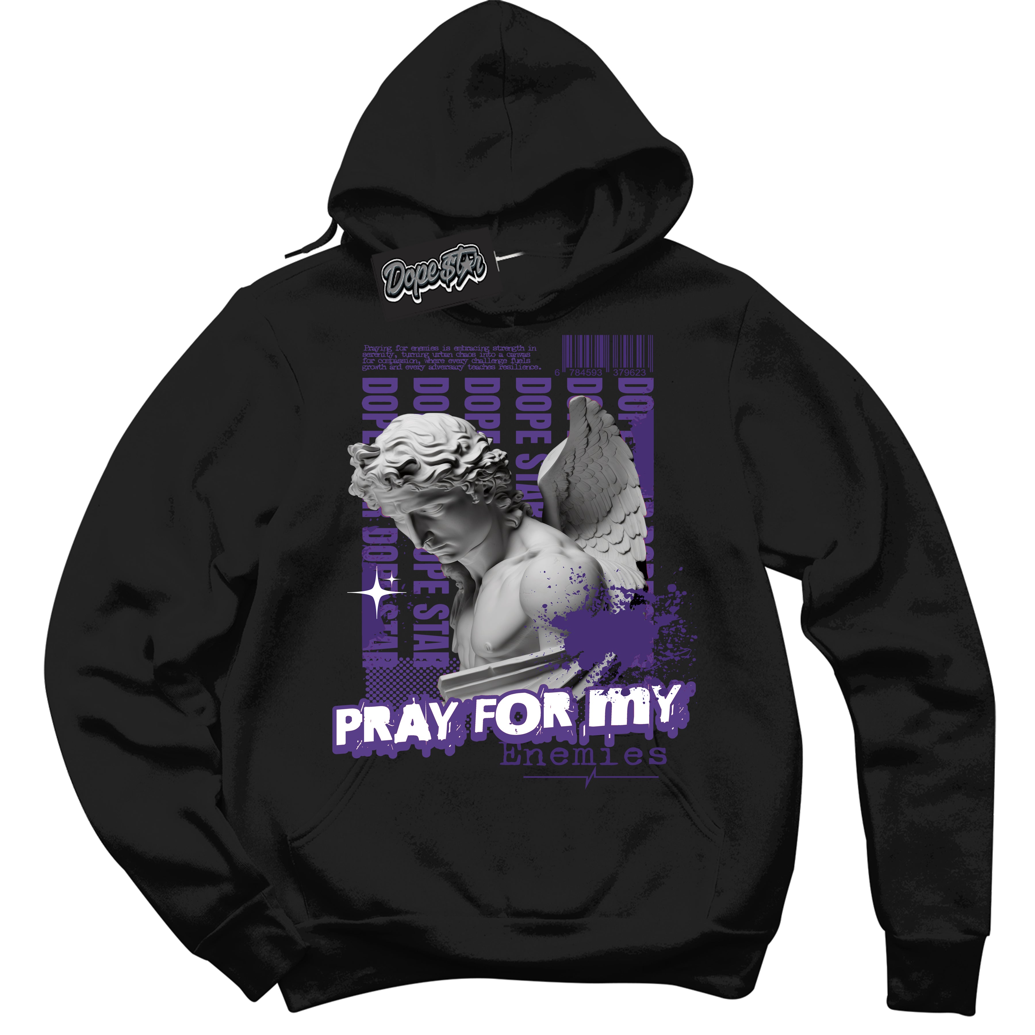 Cool Black Hoodie with “ Pray Enemies ” design that Perfectly Matches Protro Court Purple 8s Sneakers.