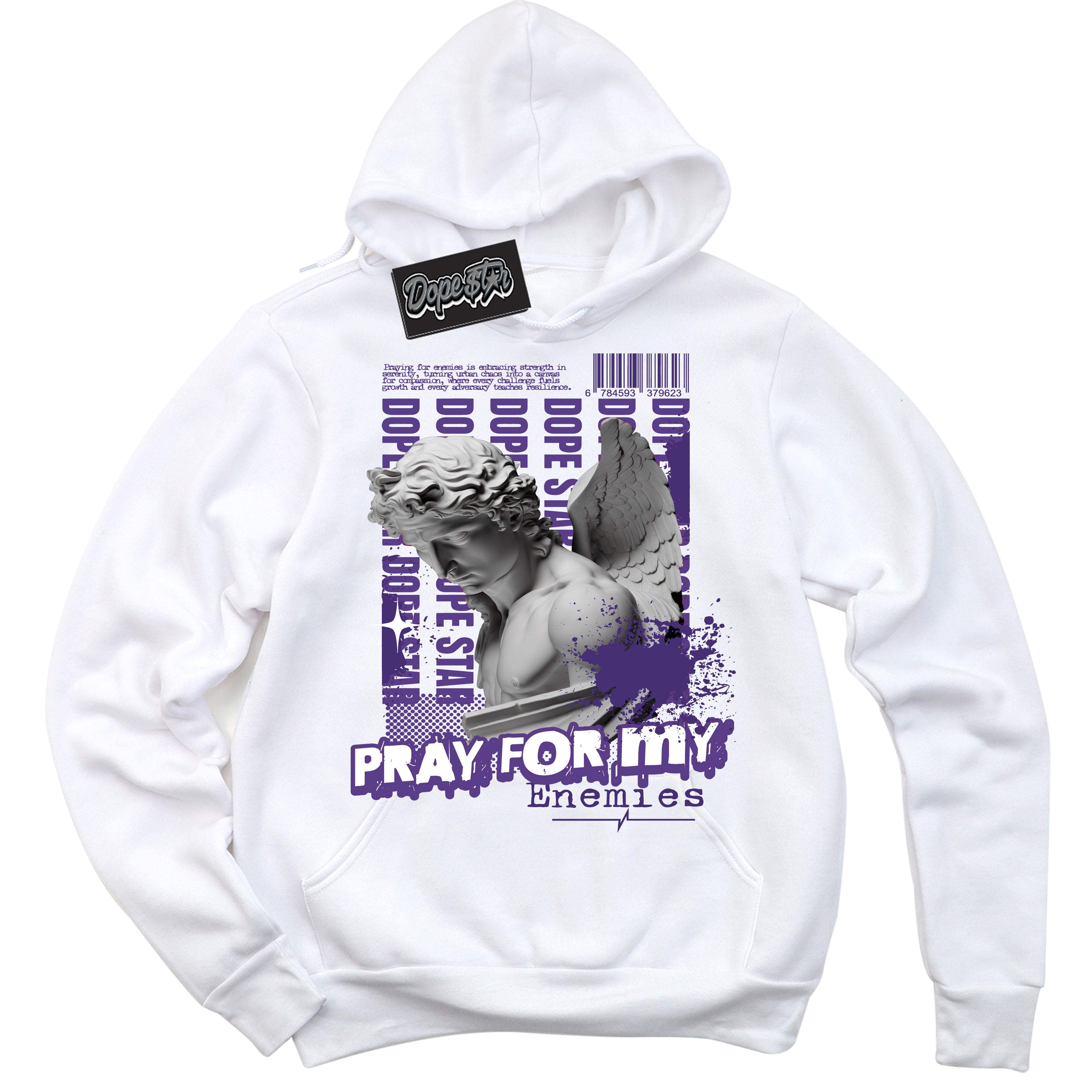 Cool White Hoodie with “ Pray Enemies ” design that Perfectly Matches Protro Court Purple 8s Sneakers.