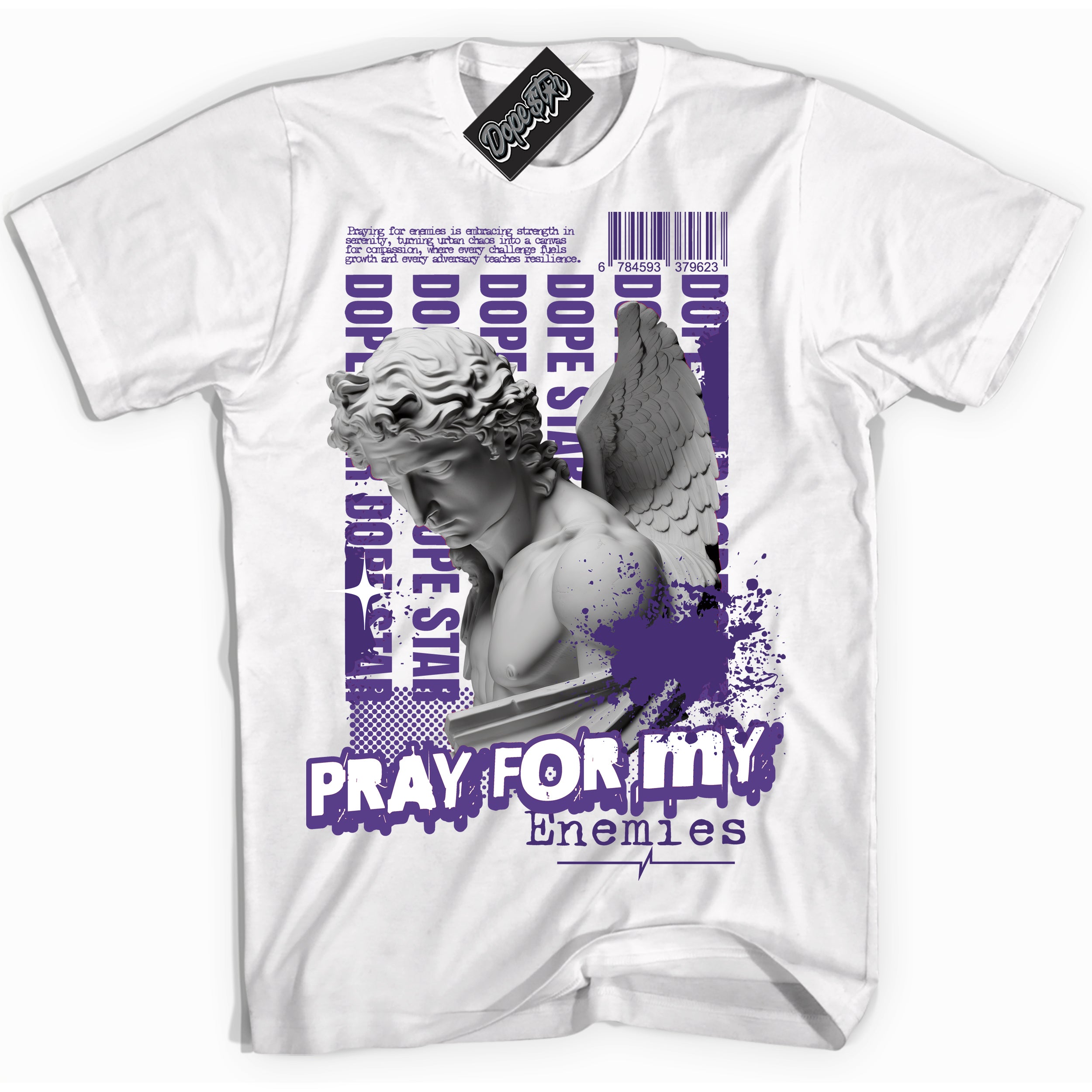 Cool White Shirt with “ Pray Enemies” design that perfectly matches Protro Court Purple 8s Sneakers.