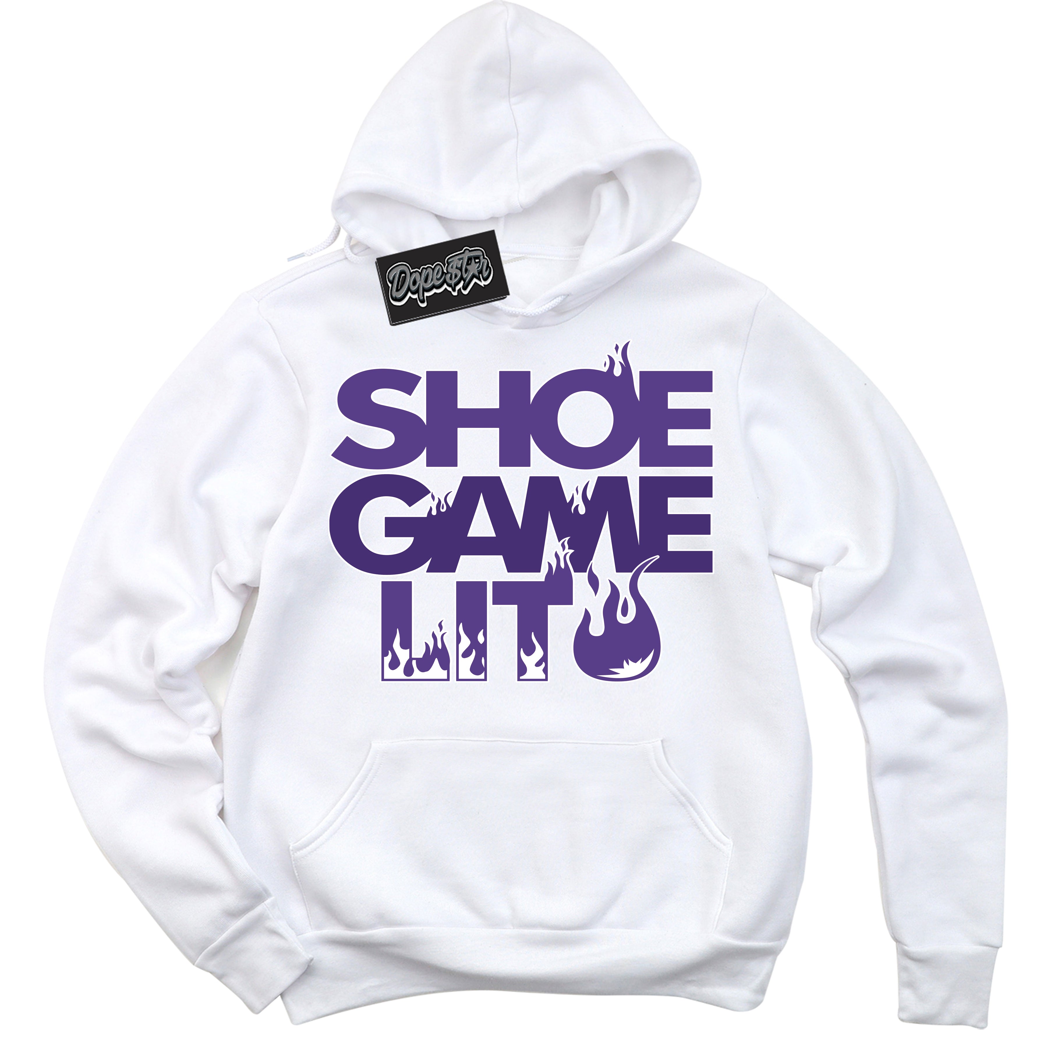 Cool White Hoodie with “ Shoe Game Lit '' design that Perfectly Matches Protro Court Purple 8s Sneakers.