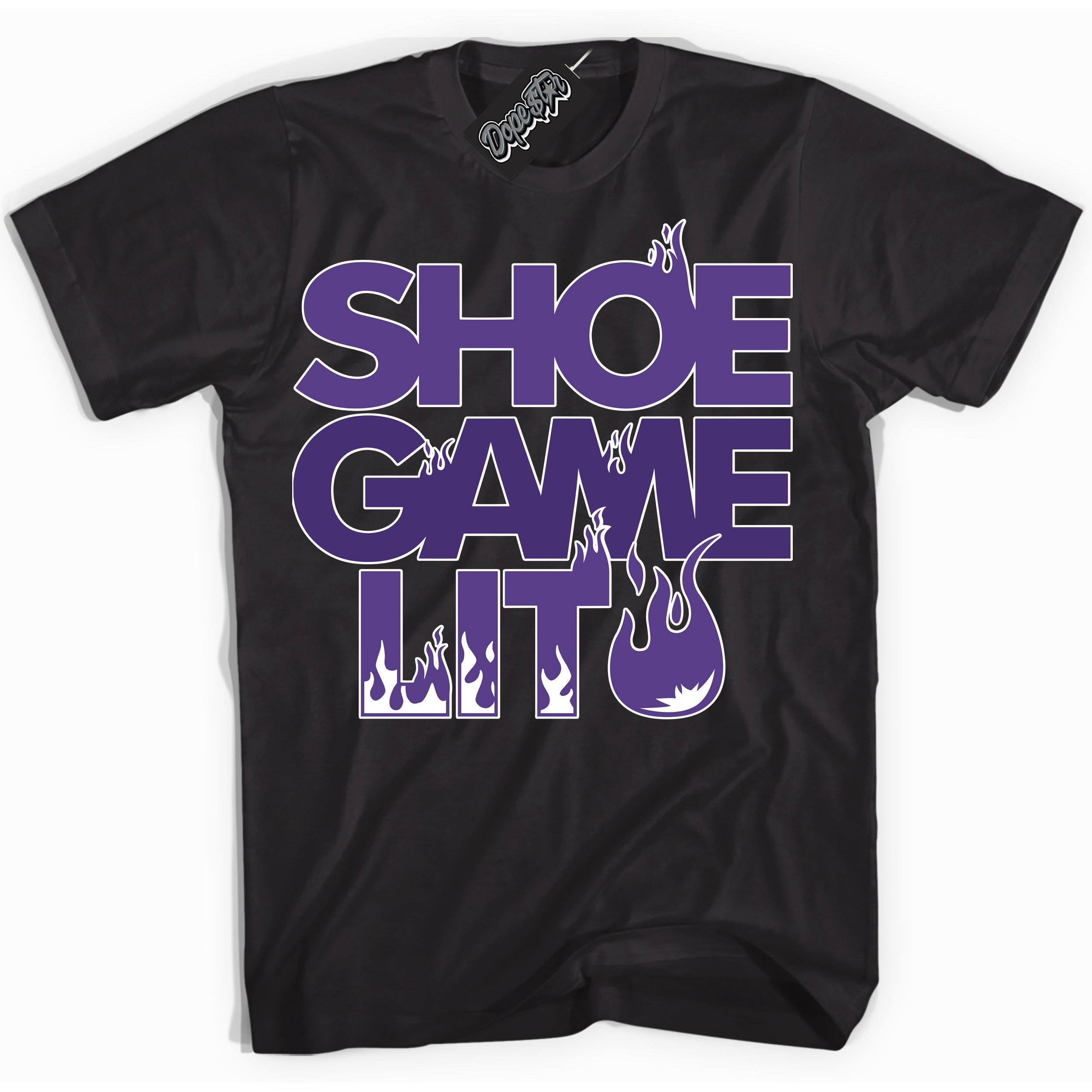 Cool Black Shirt with “ Shoe Game Lit ” design that perfectly matches Protro Court Purple 8s Sneakers.