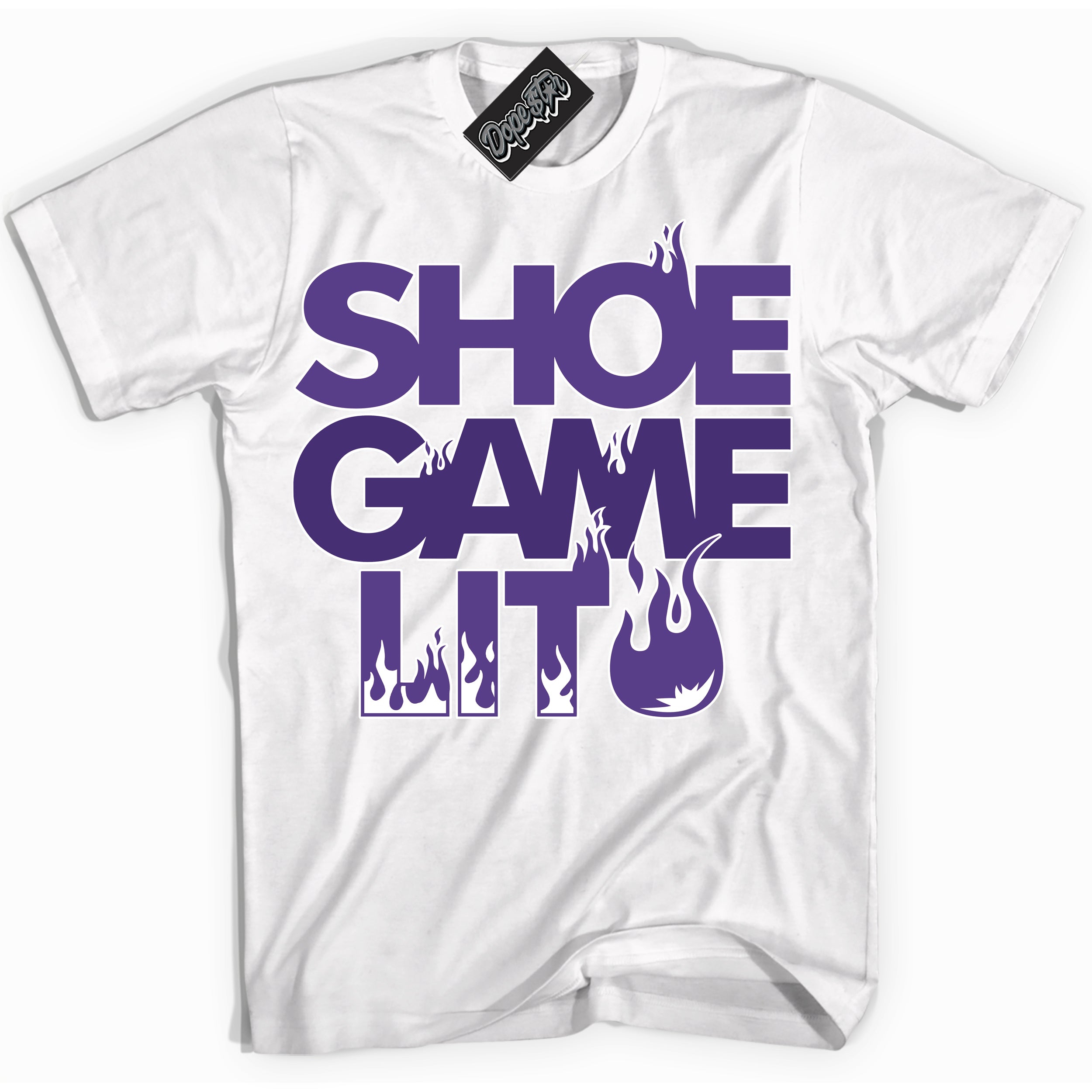 Cool White Shirt with “ Shoe Game Lit ” design that perfectly matches Protro Court Purple 8s Sneakers.