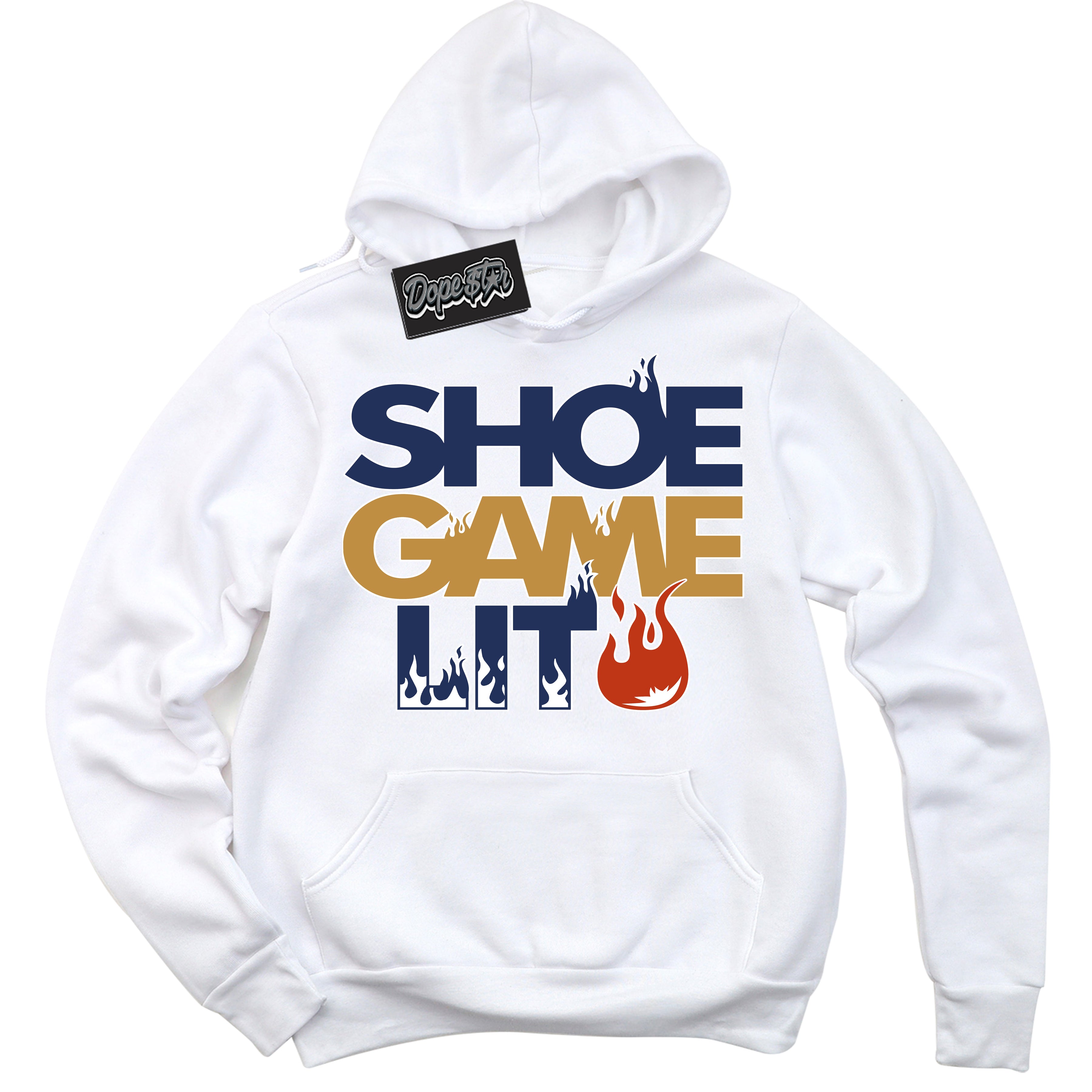 Cool White Hoodie with “ Shoe Game Lit '' design that Perfectly Matches Orange Label Navy Gum Sneakers.
