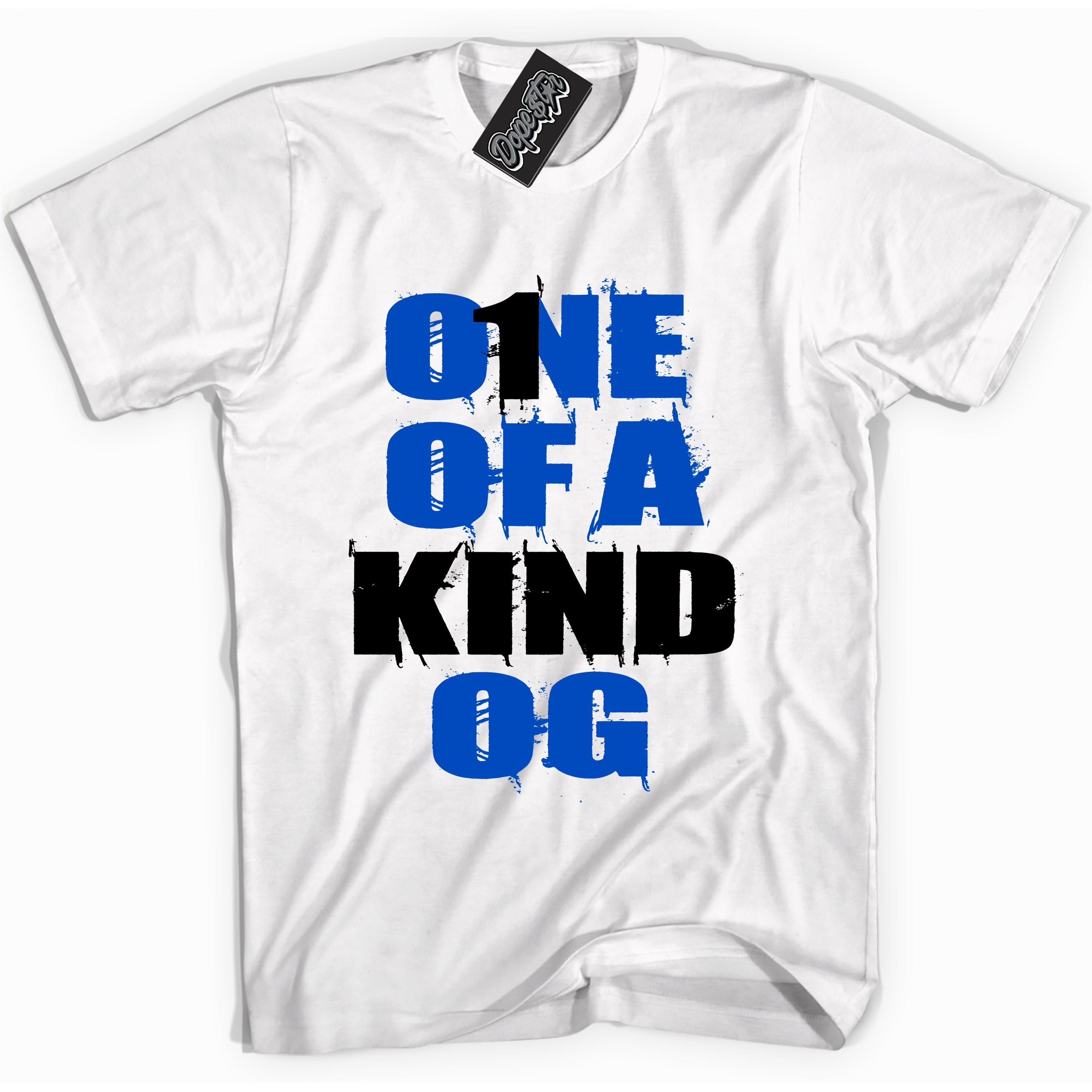 Cool White graphic tee with One Of A Kind OG design, that perfectly matches Royal Reimagined 1s sneakers