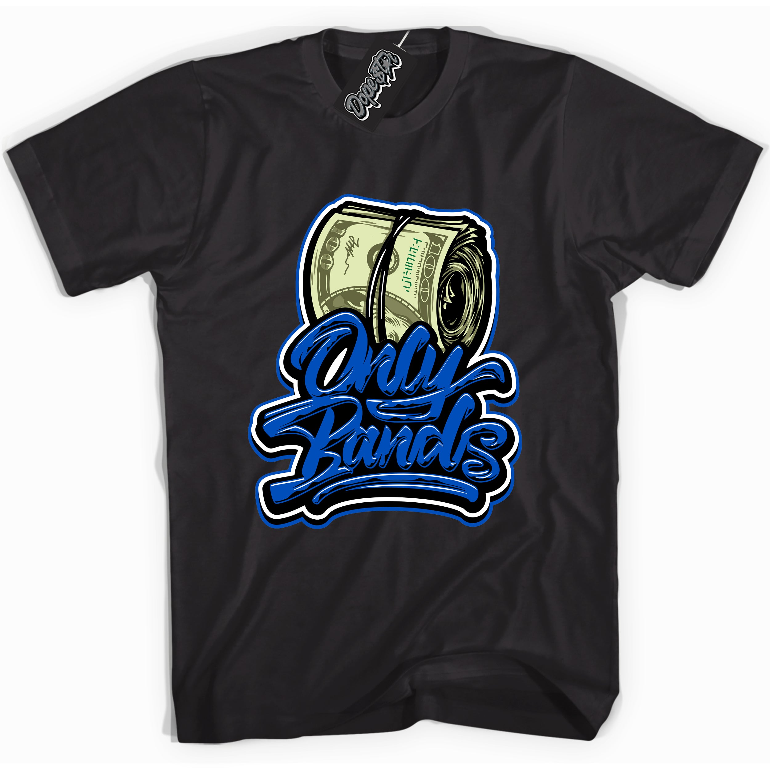 Cool Black graphic tee with "Only Bands" design, that perfectly matches Royal Reimagined 1s sneakers