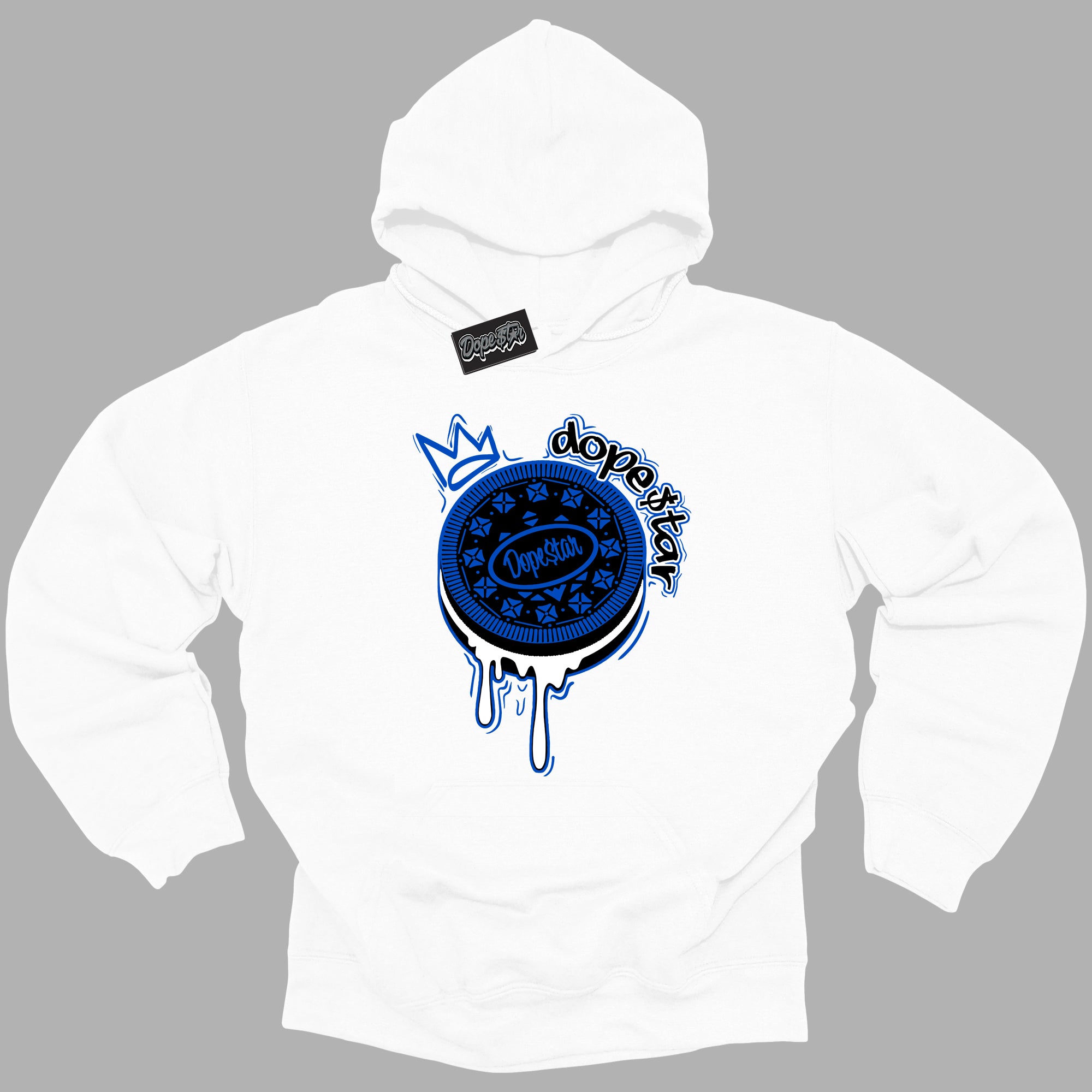 Cool White Hoodie with “ Oreo DS ” design that Perfectly Matches Royal Reimagined 1s Sneakers.
