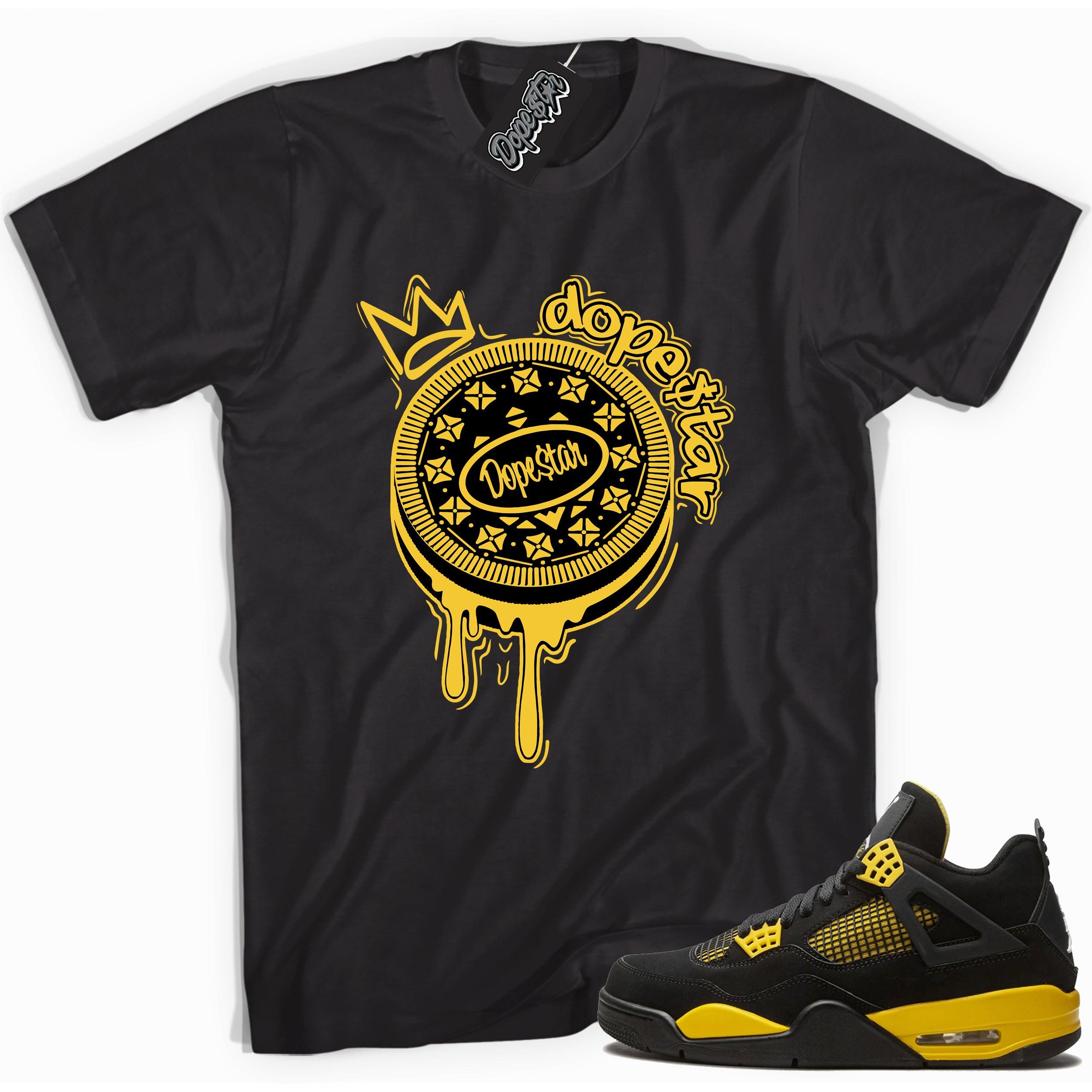 Cool black graphic tee with 'dopestar oreo' print, that perfectly matches Air Jordan 4 Thunder sneakers