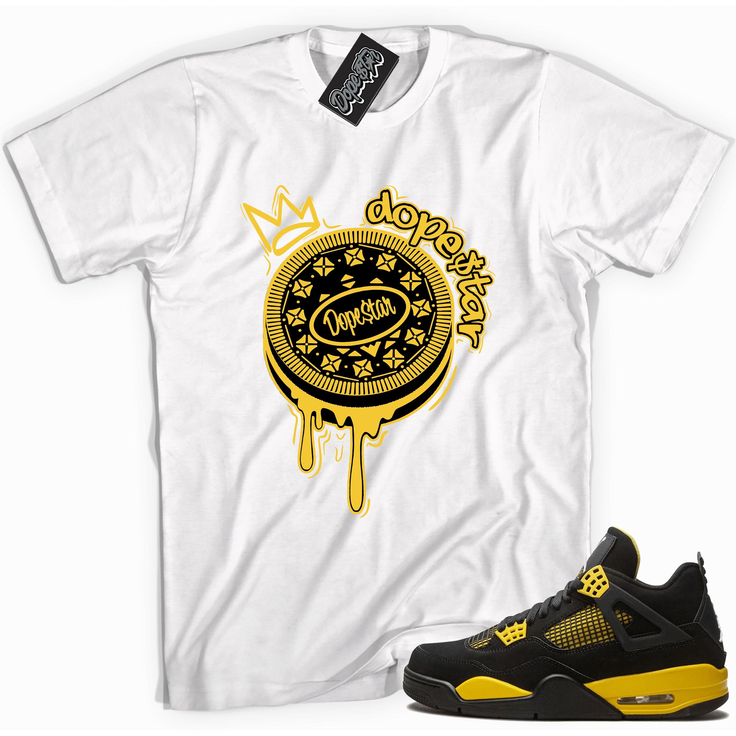 Cool white graphic tee with 'dopestar oreo' print, that perfectly matches Air Jordan 4 Thunder sneakers