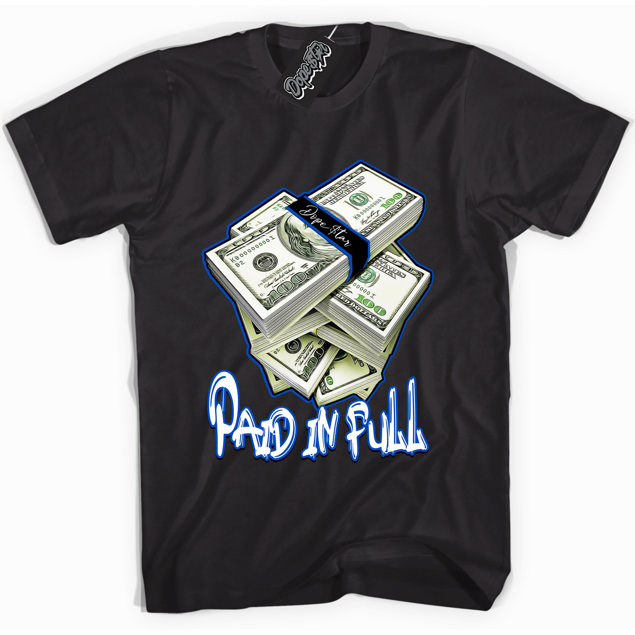 Cool Black graphic tee with Paid In Full print, that perfectly matches OG Royal Reimagined 1s sneakers