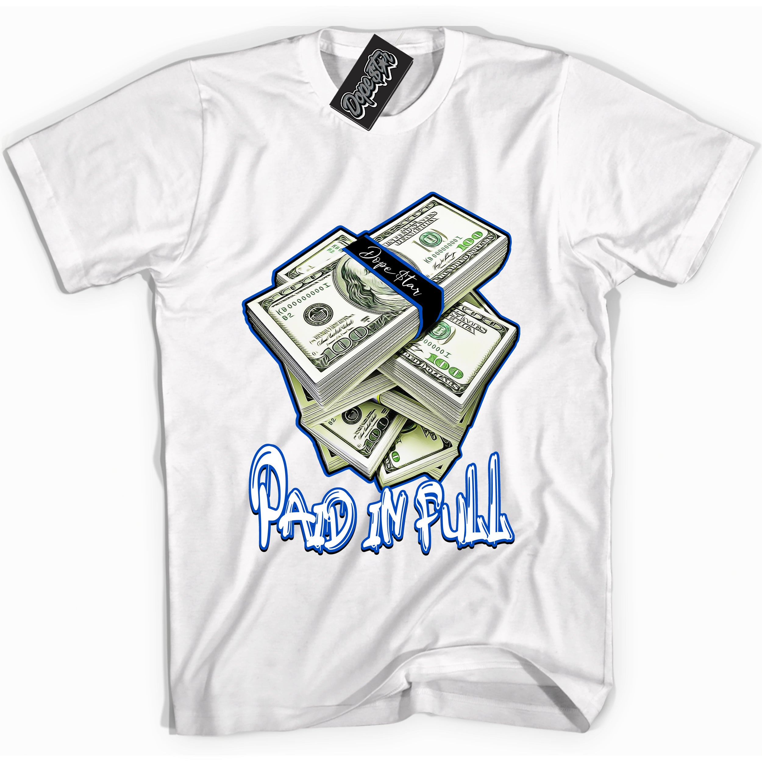 Cool White graphic tee with Paid In Full print, that perfectly matches OG Royal Reimagined 1s sneakers