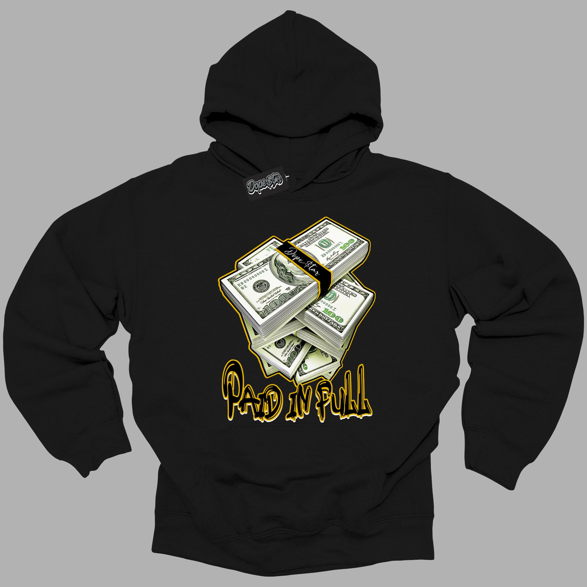 Cool Black Hoodie with “ Paid In Full ” design that Perfectly Matches Yellow Ochre 6s Sneakers.