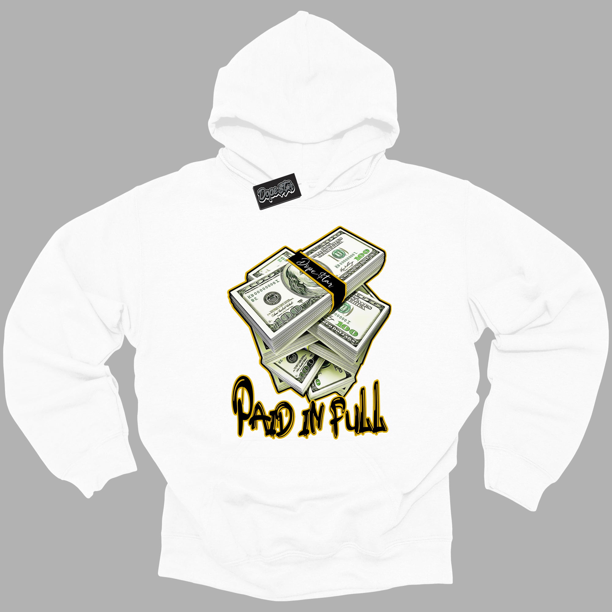 Cool White Hoodie with “ Paid In Full ” design that Perfectly Matches Yellow Ochre 6s Sneakers.