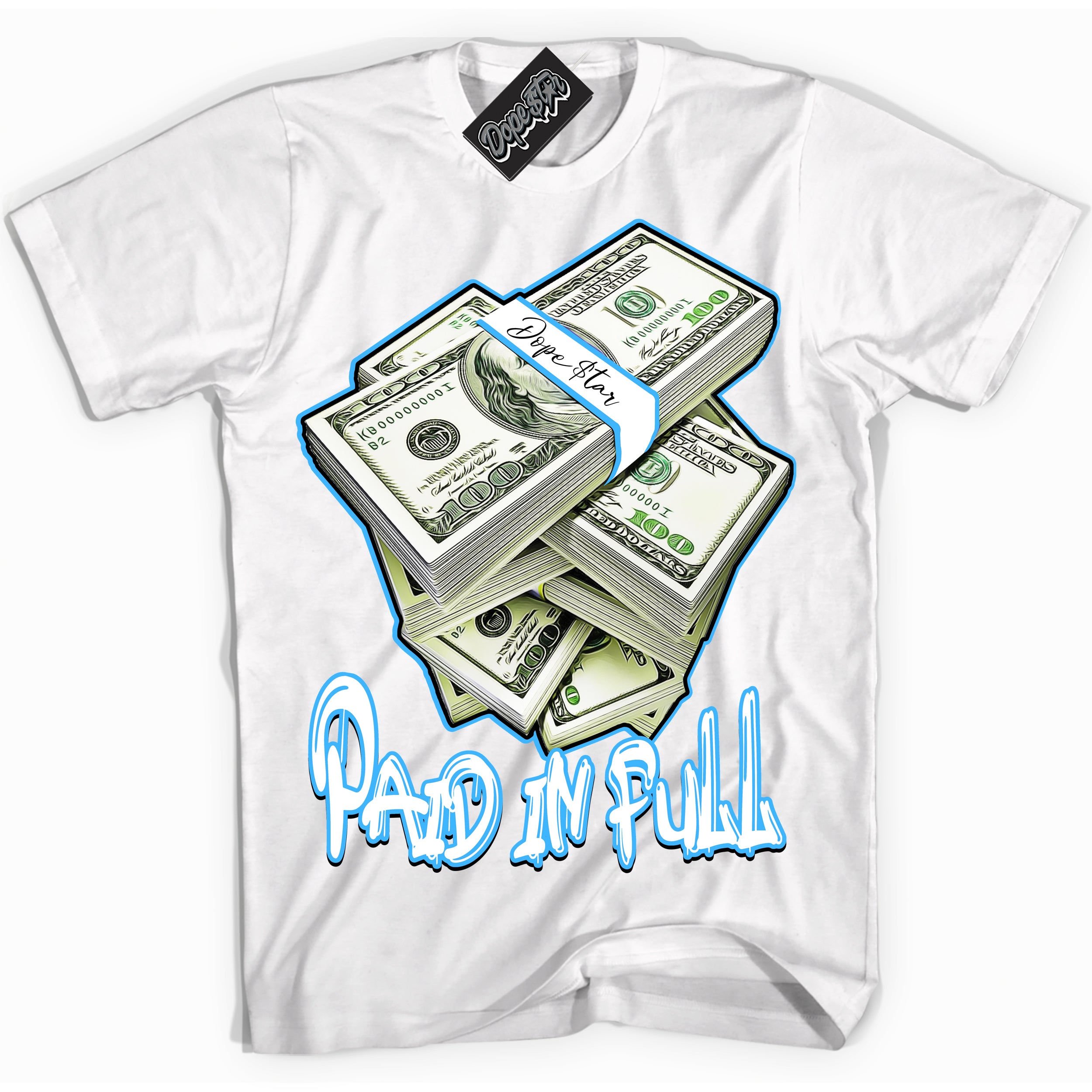 Cool White graphic tee with “ Paid In Full ” design, that perfectly matches Powder Blue 9s sneakers