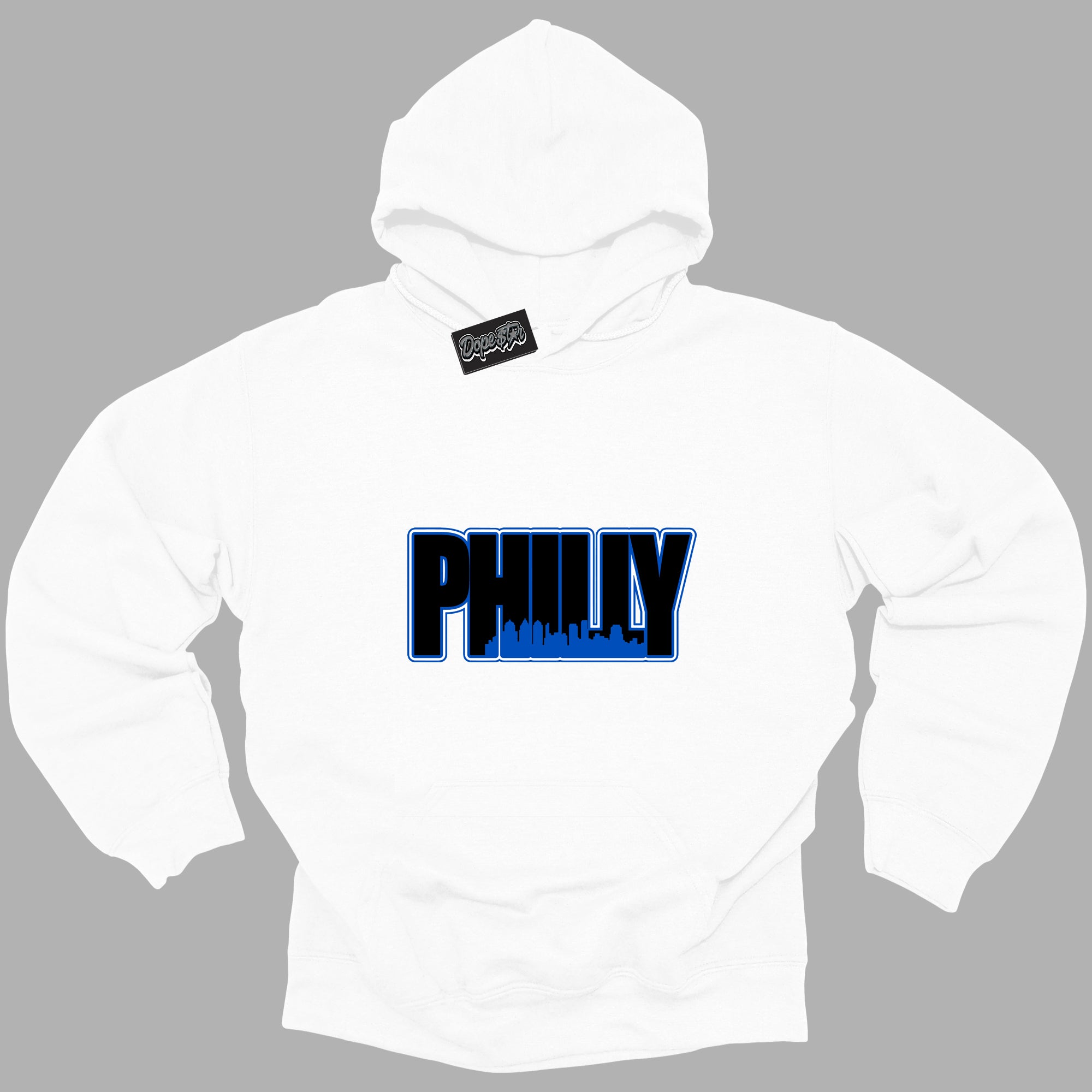 Cool White Hoodie with “ Philly ” design that Perfectly Matches Royal Reimagined 1s Sneakers.