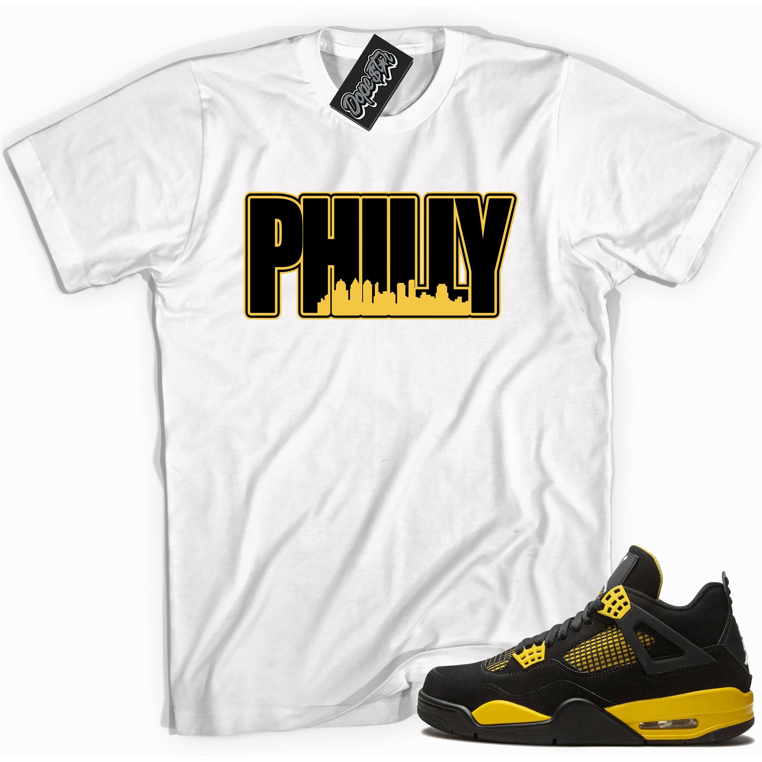 Cool white graphic tee with 'philly' print, that perfectly matches Air Jordan 4 Thunder sneakers