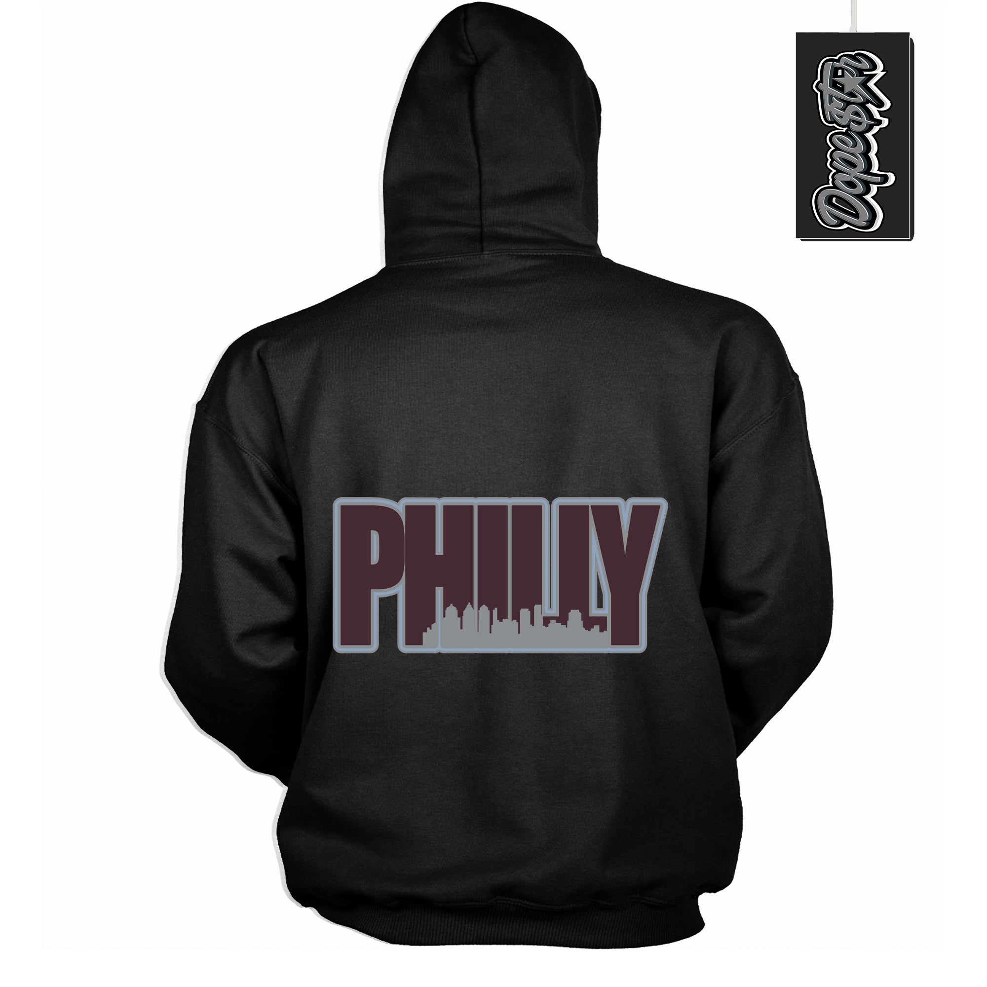 Cool Black Hoodie with “ Philly ” design that Perfectly Matches Burgundy 5s Sneakers.