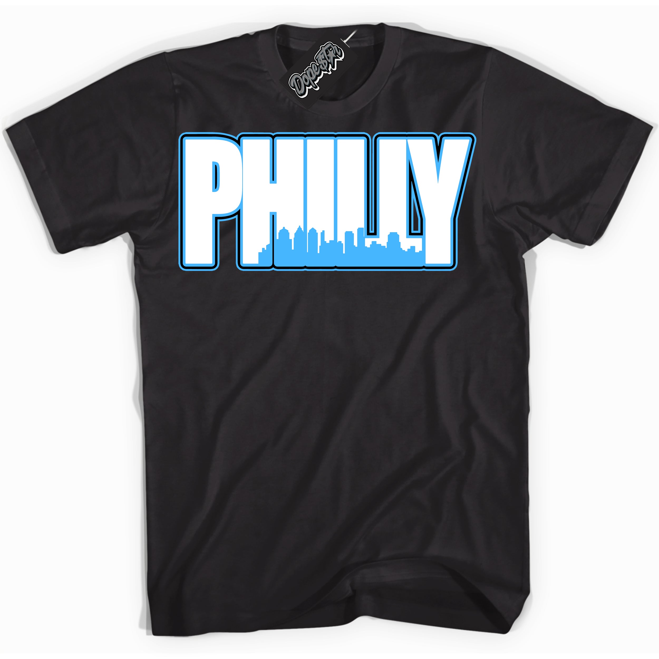 Cool Black graphic tee with “ Philly ” design, that perfectly matches Powder Blue 9s sneakers