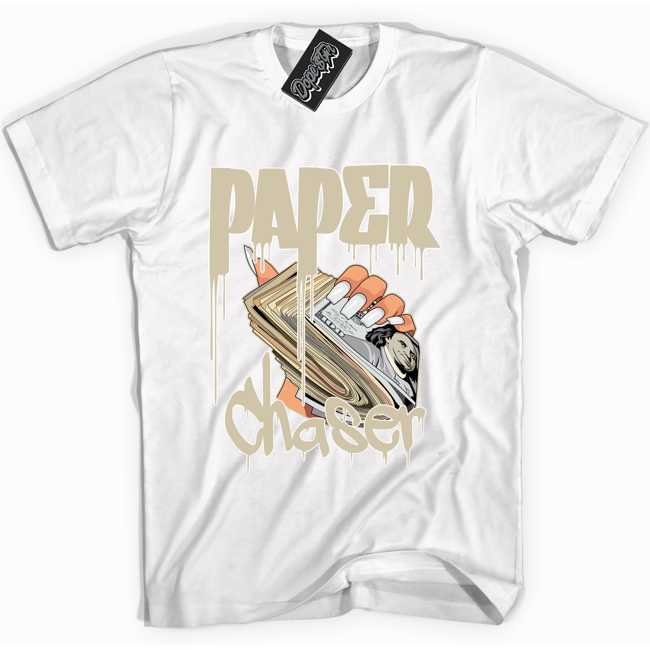 Cool White Shirt with “ Paper Chaser” design that perfectly matches Gratitude 11s Sneakers.
