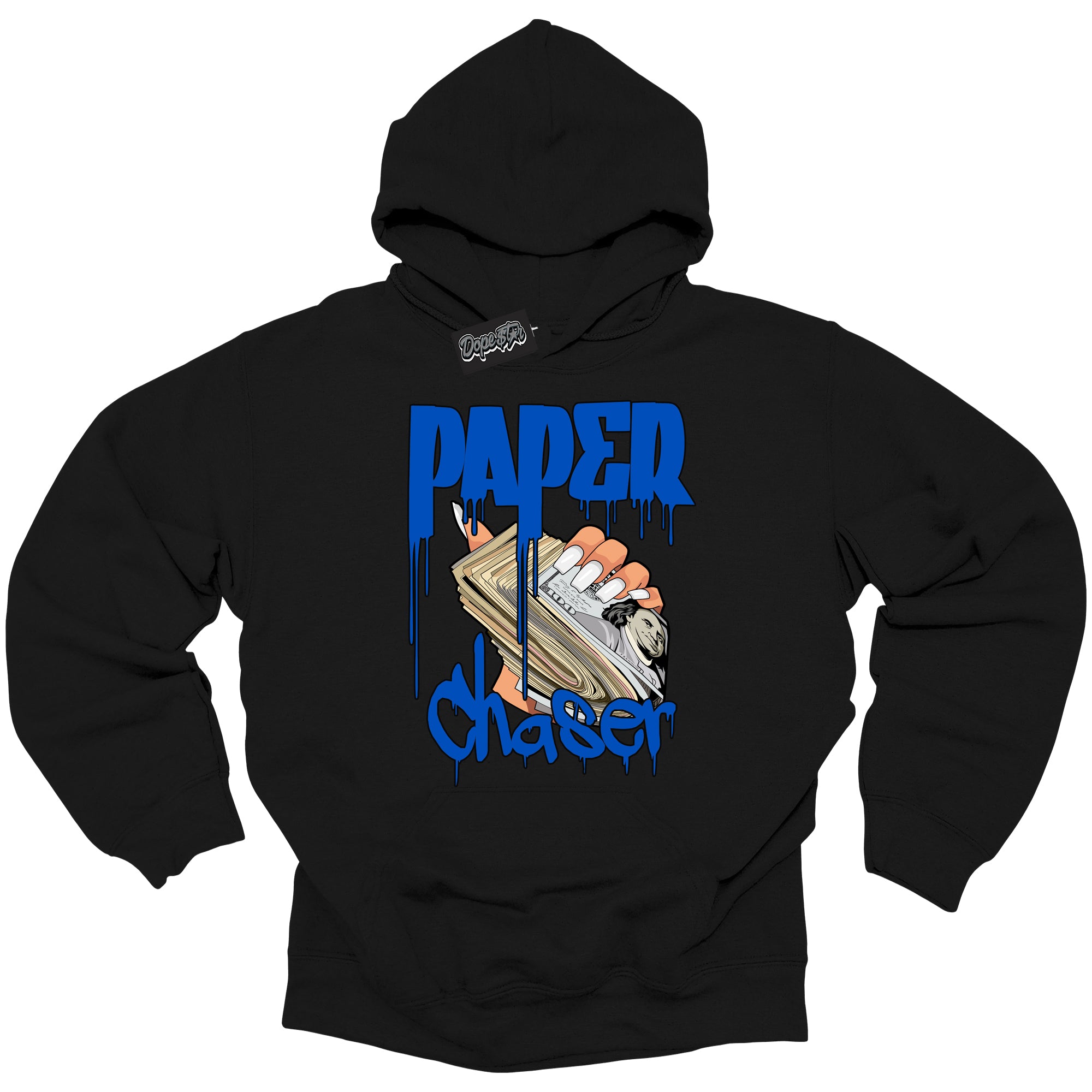 Cool Black Hoodie with “ Paper Chaser ” design that Perfectly Matches Royal Reimagined 1s Sneakers.