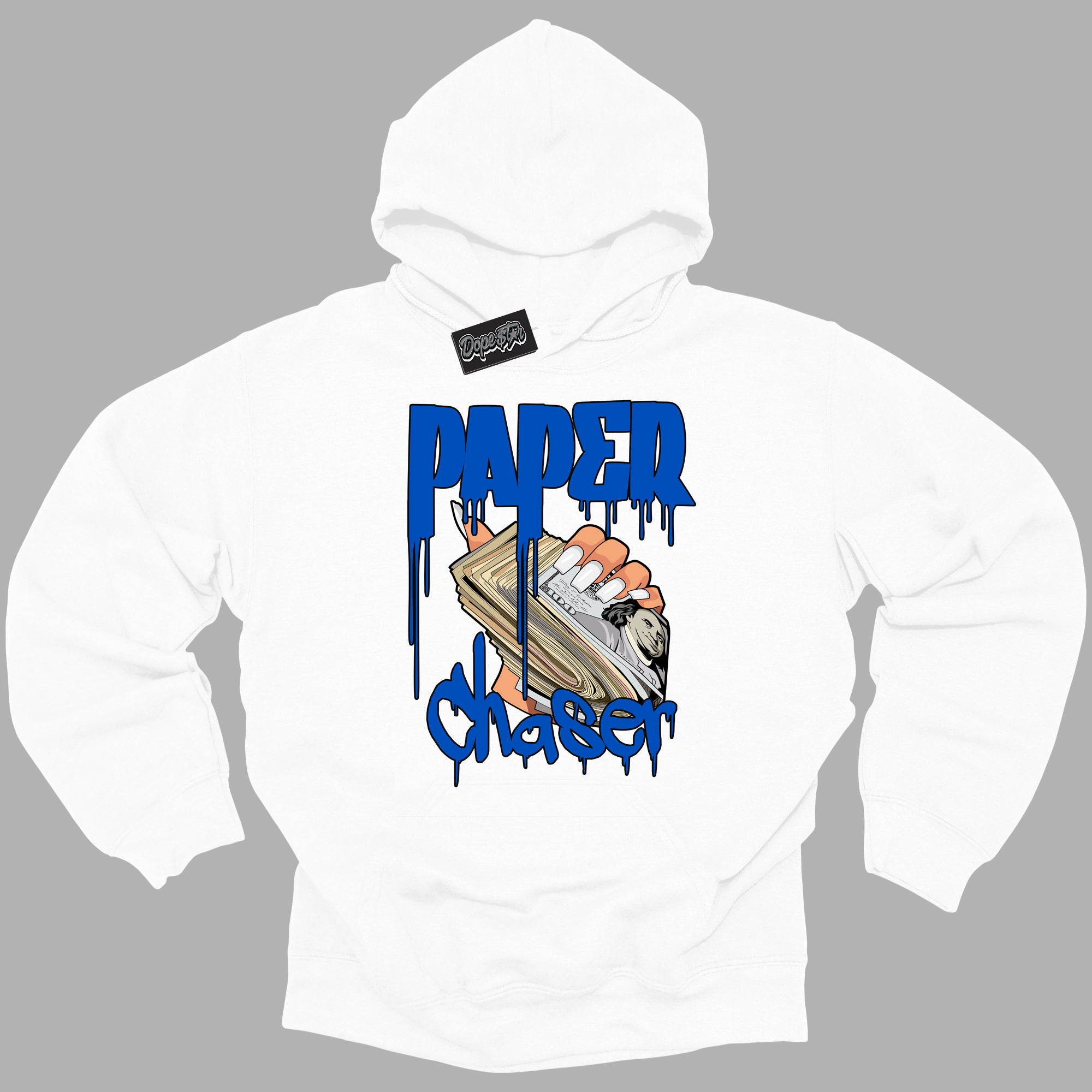 Cool White Hoodie with “ Paper Chaser ” design that Perfectly Matches Royal Reimagined 1s Sneakers.