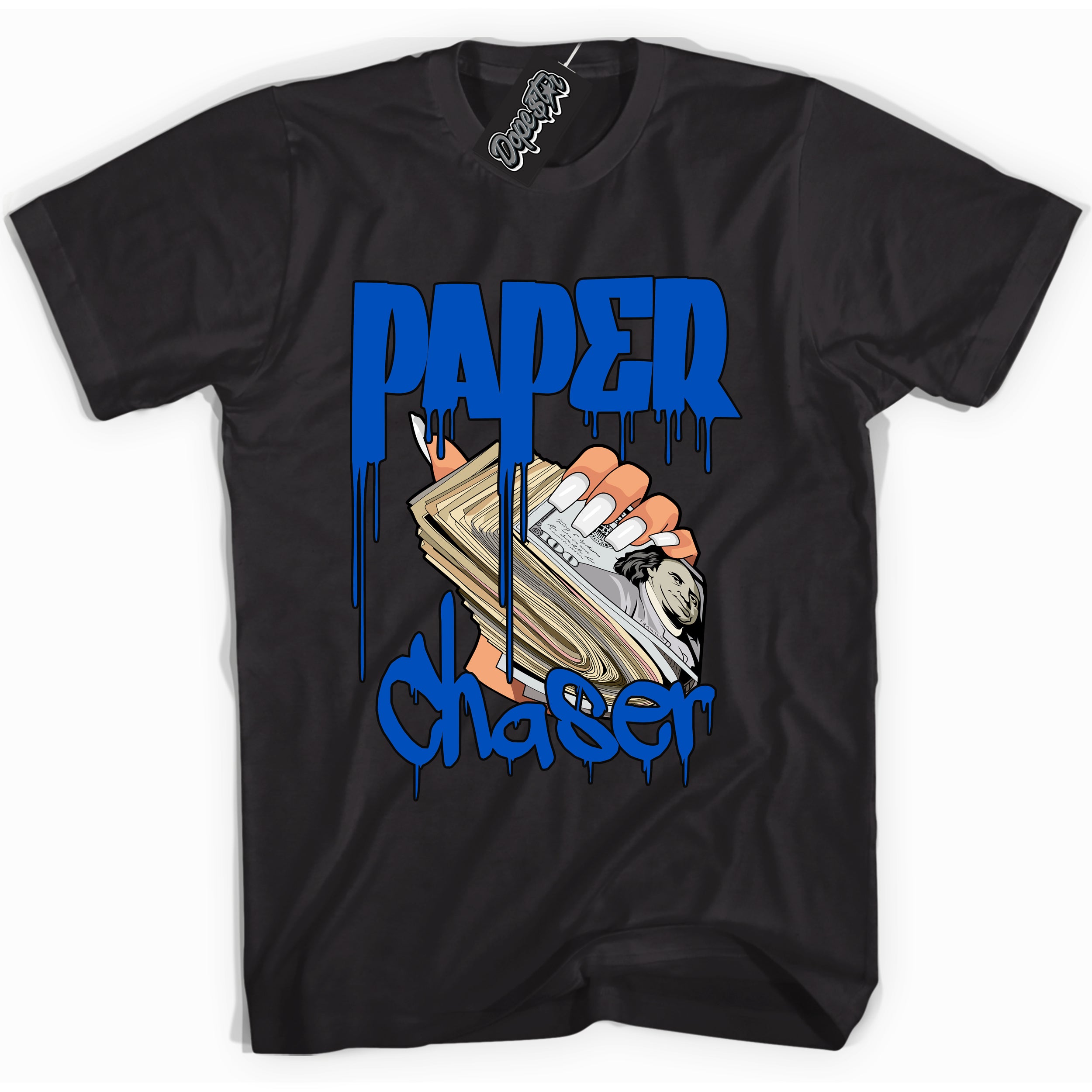 Cool Black graphic tee with "Paper Chaser" design, that perfectly matches Royal Reimagined 1s sneakers