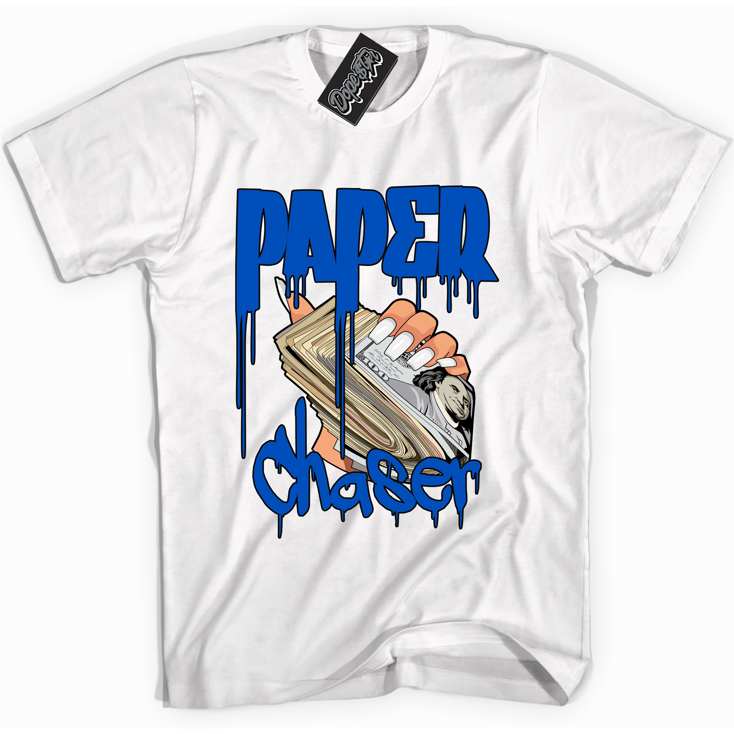 Cool Black graphic tee with "Paper Chaser" design, that perfectly matches Royal Reimagined 1s sneakers