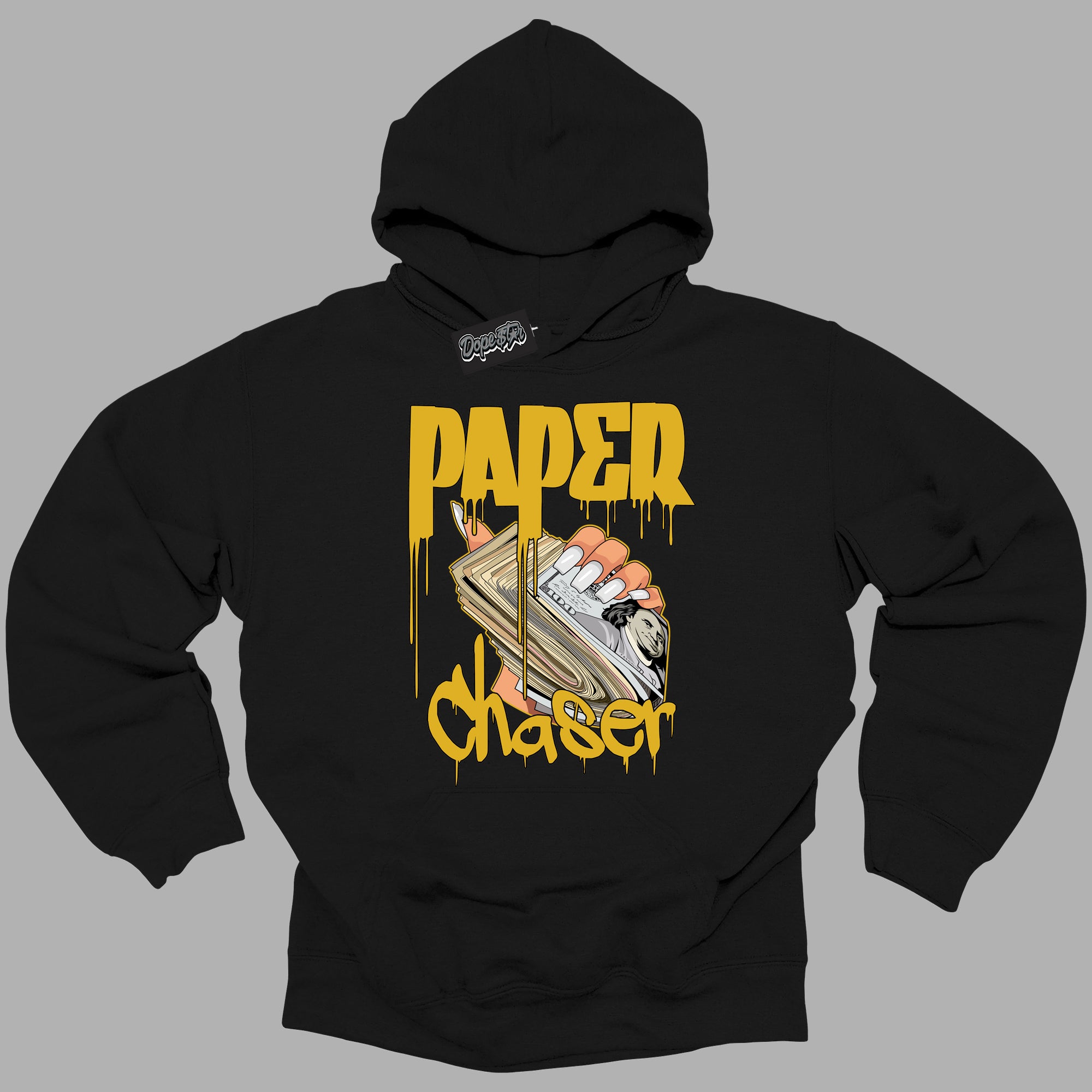 Cool Black Hoodie with “ Paper Chaser ” design that Perfectly Matches Yellow Ochre 6s Sneakers.