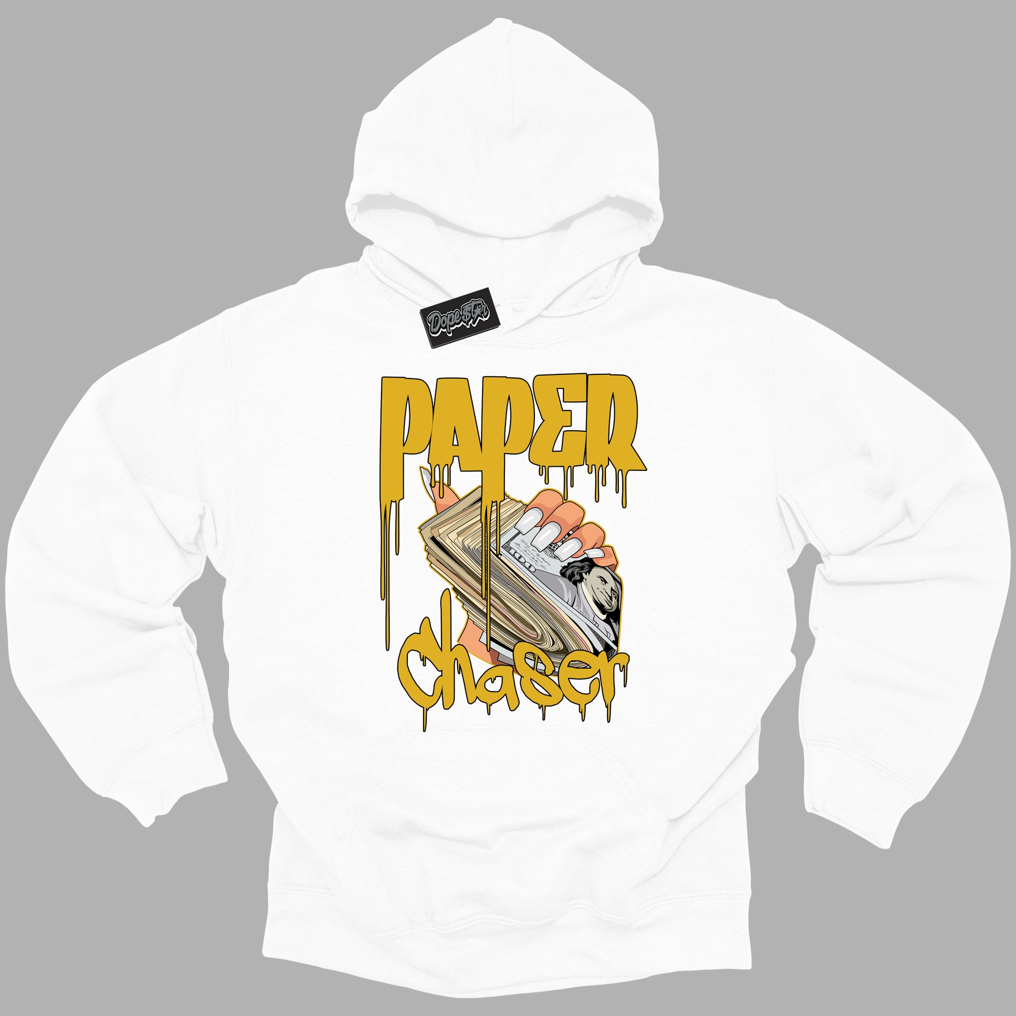 Cool White Hoodie with “ Paper Chaser ” design that Perfectly Matches Yellow Ochre 6s Sneakers.