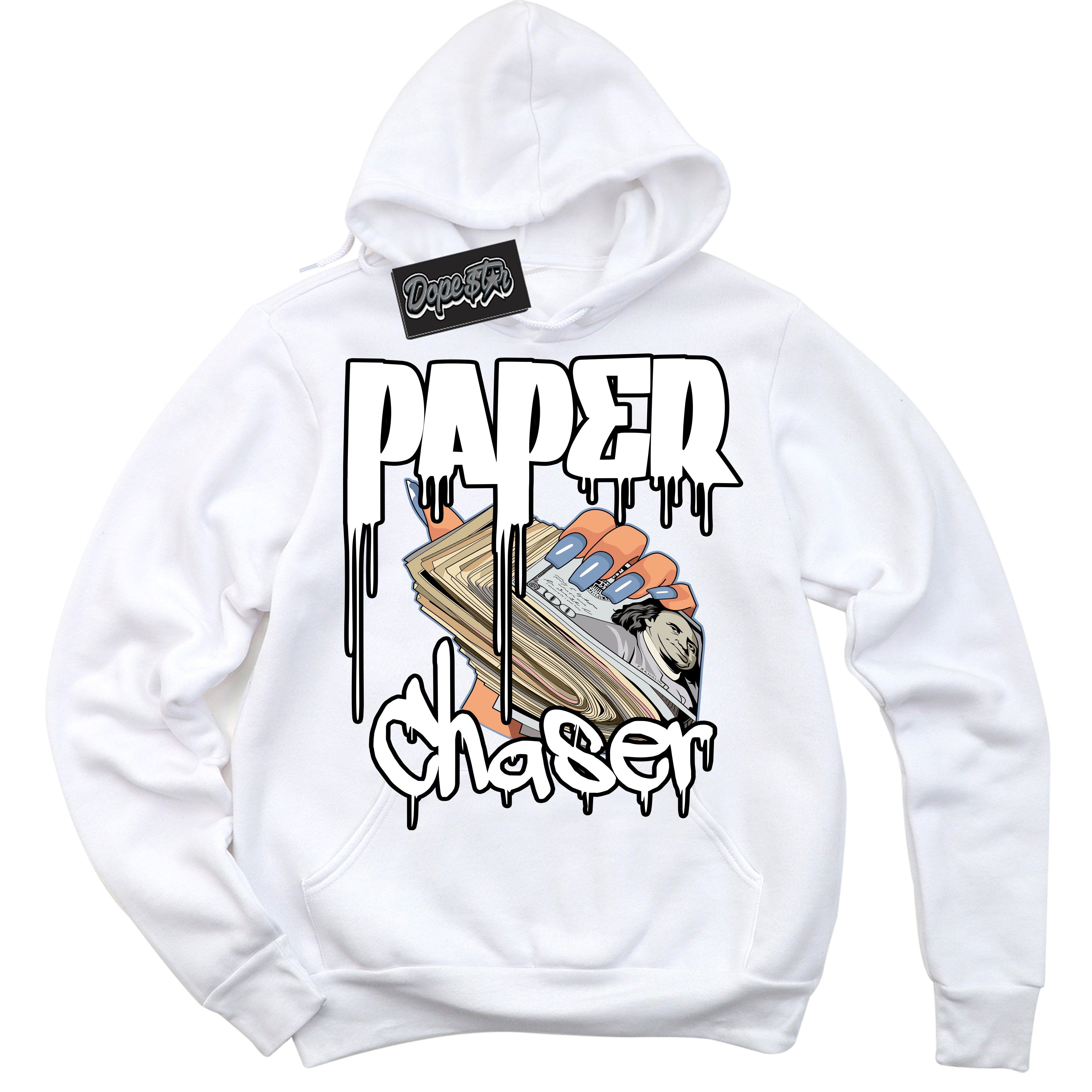 Cool White Hoodie with “ Paper Chaser ” design that Perfectly Matches Reverse Oreo 6s Sneakers.