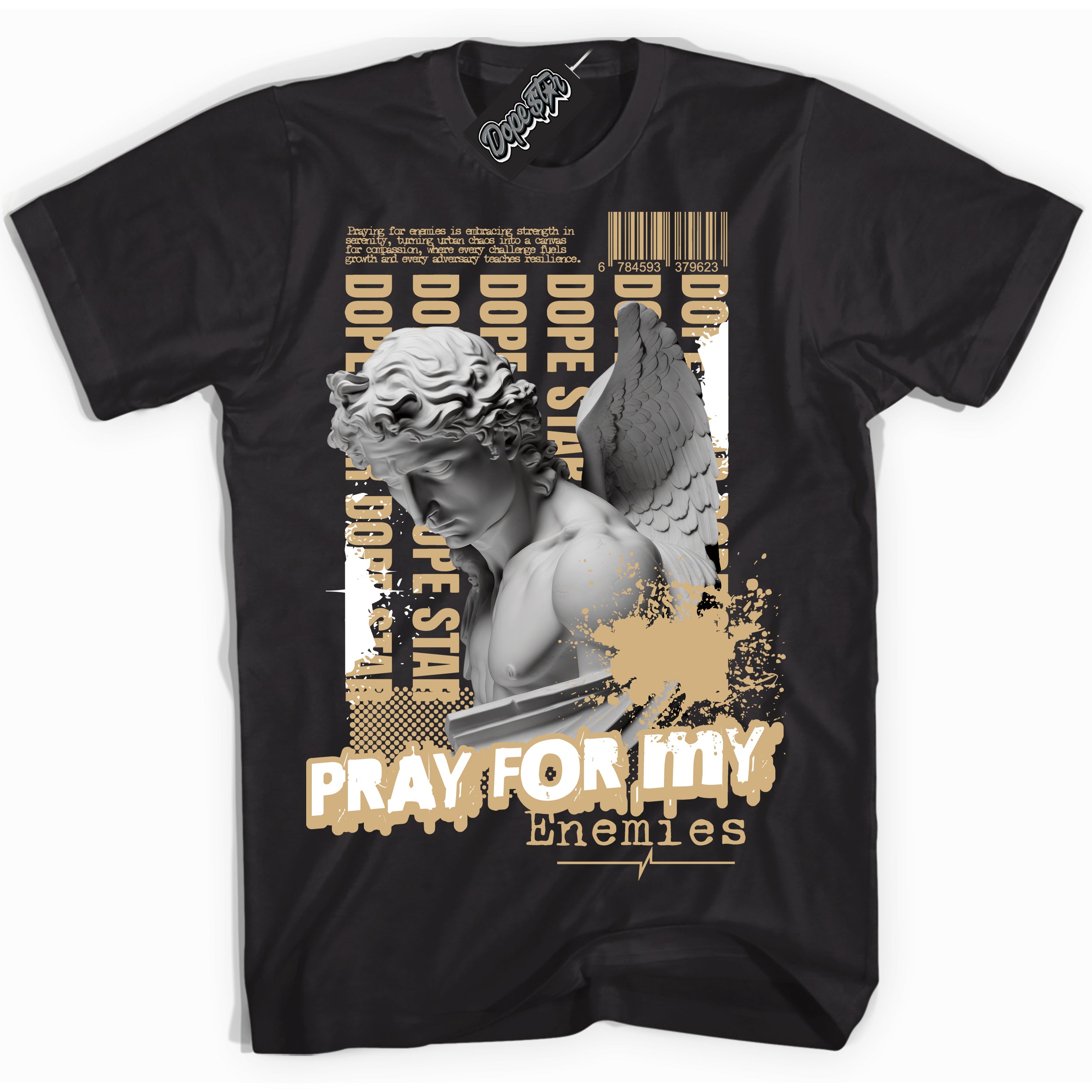 Jordan MVP White Metallic Gold ‘Pray Enemies’ – Black Streetwear T-Shirt | Sneaker Matching shirt for Jordan MVP White Metallic Gold | Men's and Women's Streetwear Graphic Tee by Sneaker Shirts Outlet.