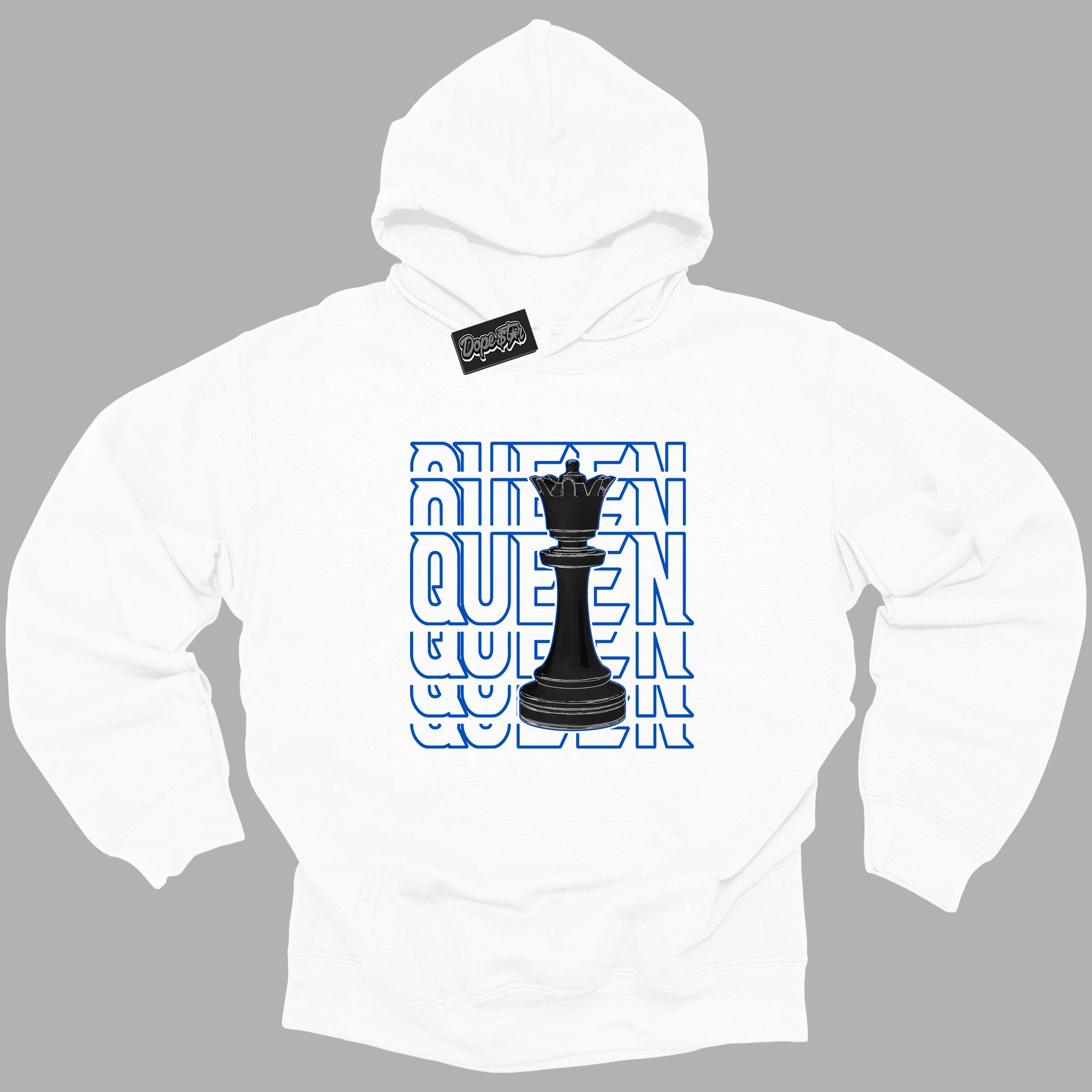 Cool White Hoodie with “ Queen Chess ” design that Perfectly Matches Royal Reimagined 1s Sneakers.