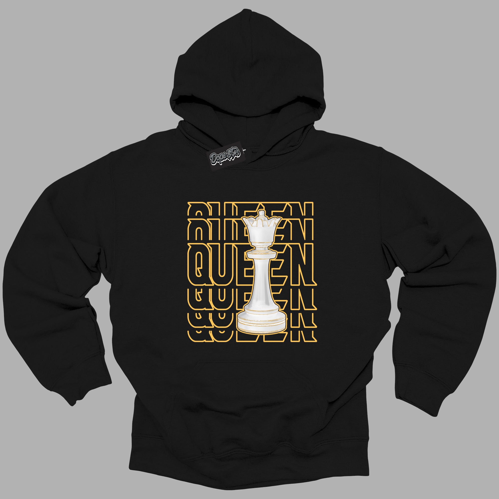 Cool Black Hoodie with “ Queen Chess ” design that Perfectly Matches Yellow Ochre 6s Sneakers.