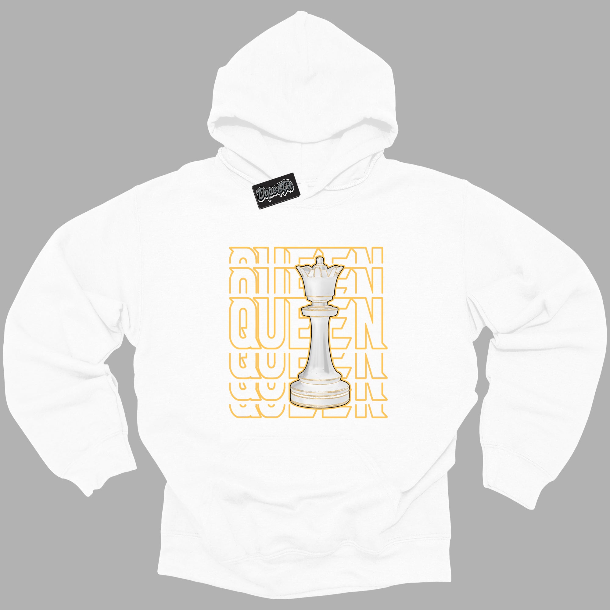 Cool White Hoodie with “ Queen Chess ” design that Perfectly Matches Yellow Ochre 6s Sneakers.